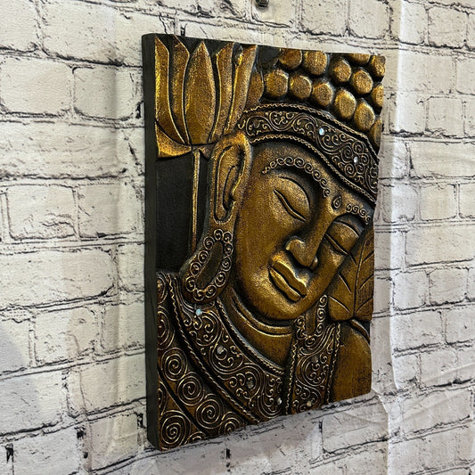 Wooden Wood Panel 40cm Brown Gold Buddha Tall Lotus Wall Art Plaque Handcarved