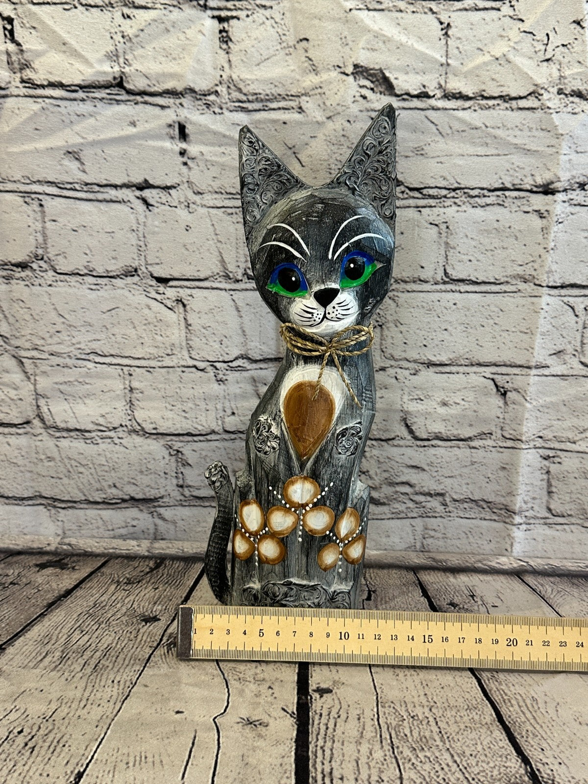 30cm Grey Swirl Flower Wooden Shabby Cat Statue Ornament Fair Trade Handcarved