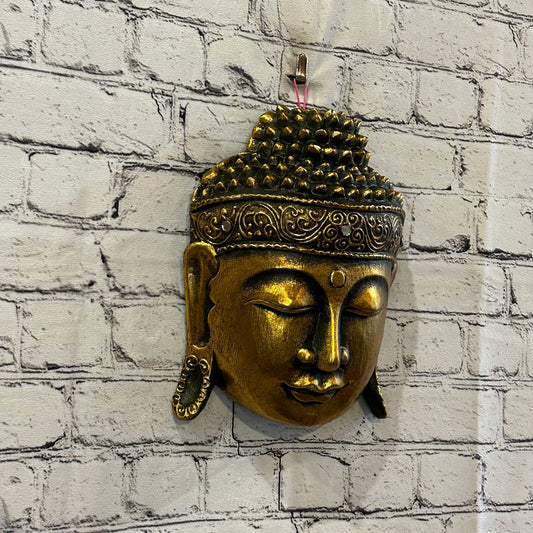 25cm Gold Buddha Head Mask Wooden Hanging Statue Figurine Ornament Fair Trade