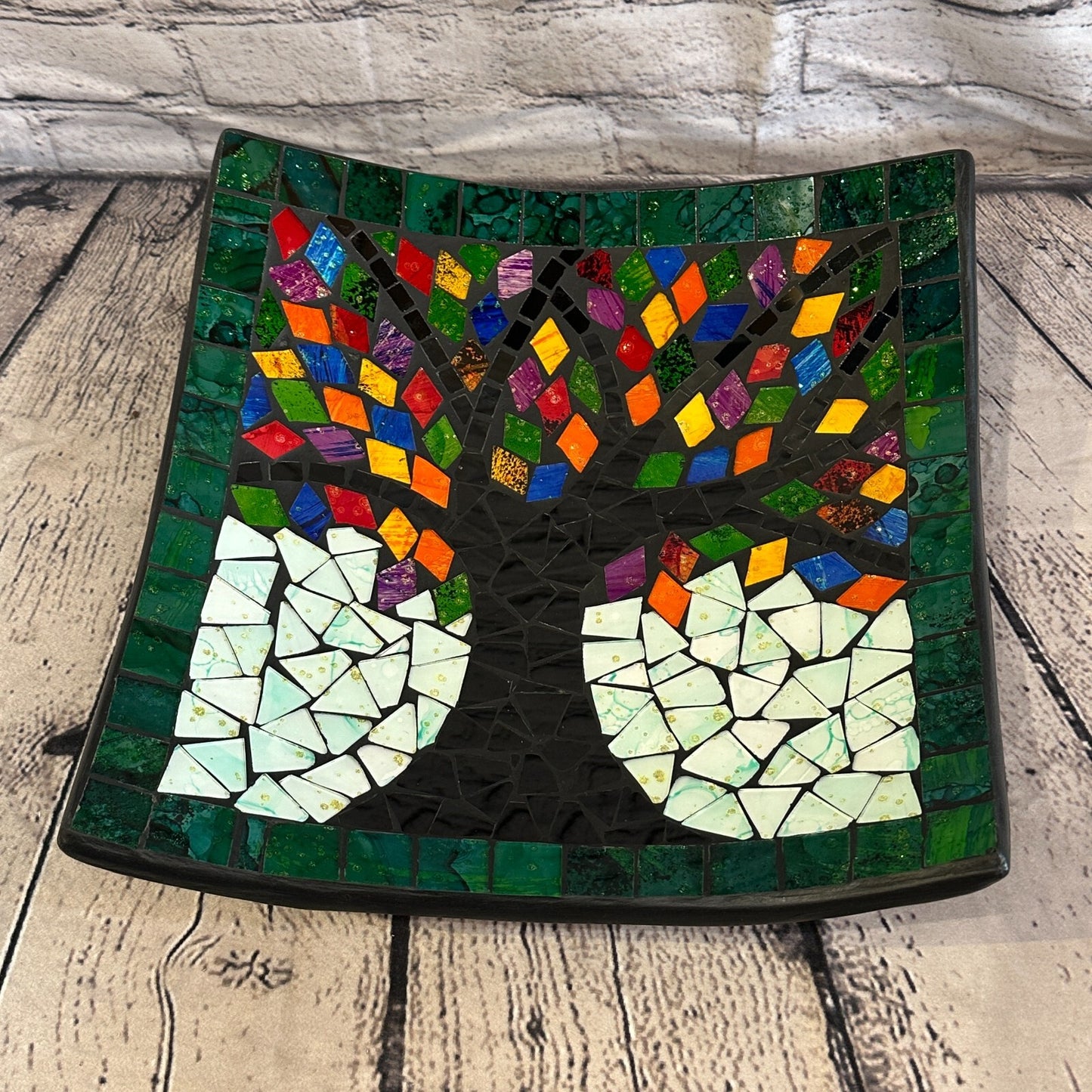 30cm Rainbow Tree Of Life Square Mosaic Handmade Ceramic Glass Tile Bowl Fruit