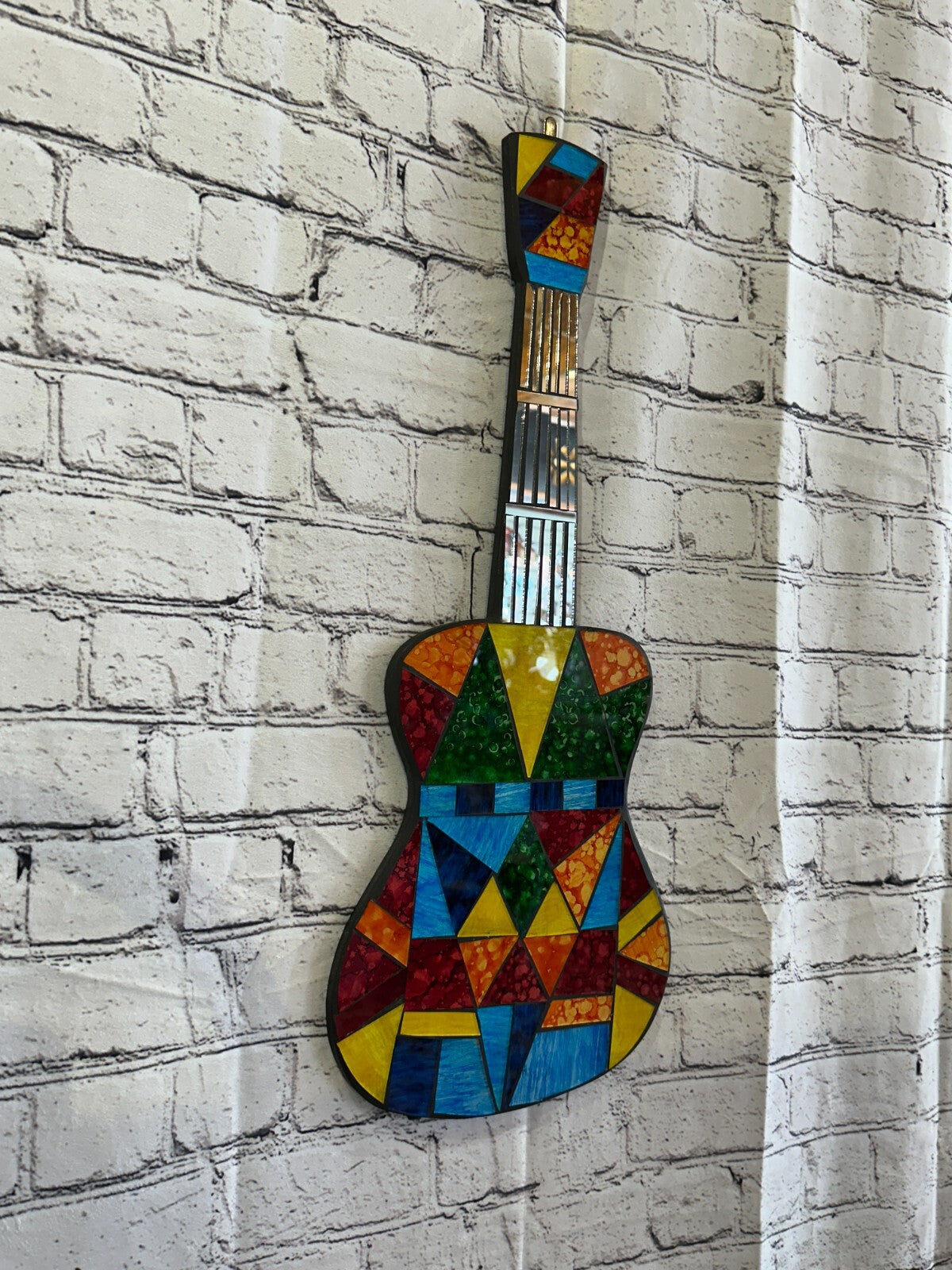 Bright Rainbow Guitar Mosaic Tile Wall Mirror 60cm x 20cm Handmade New
