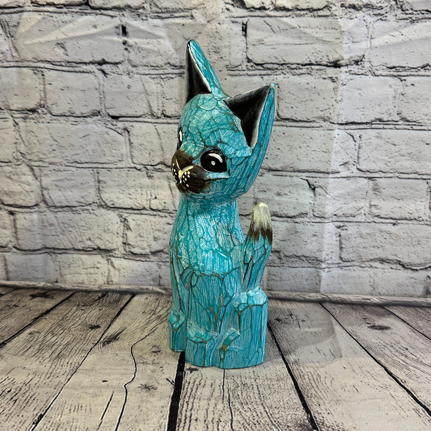 30cm x 12cm Green Flower Wooden Shabby Cat Statue Ornament Fair Trade Handcarved