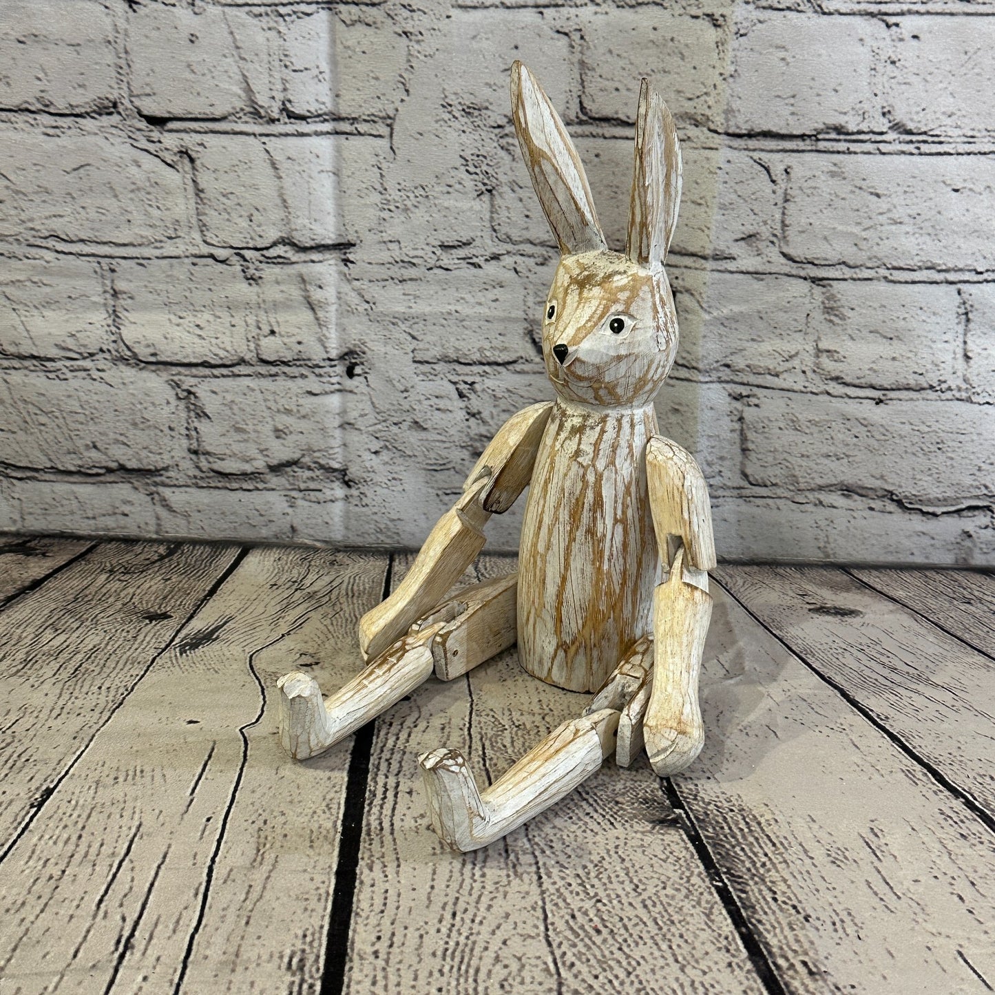 25cm Shabby White Rabbit Sitting Animal Wooden Shelf Ornament Handmade Fairtrade