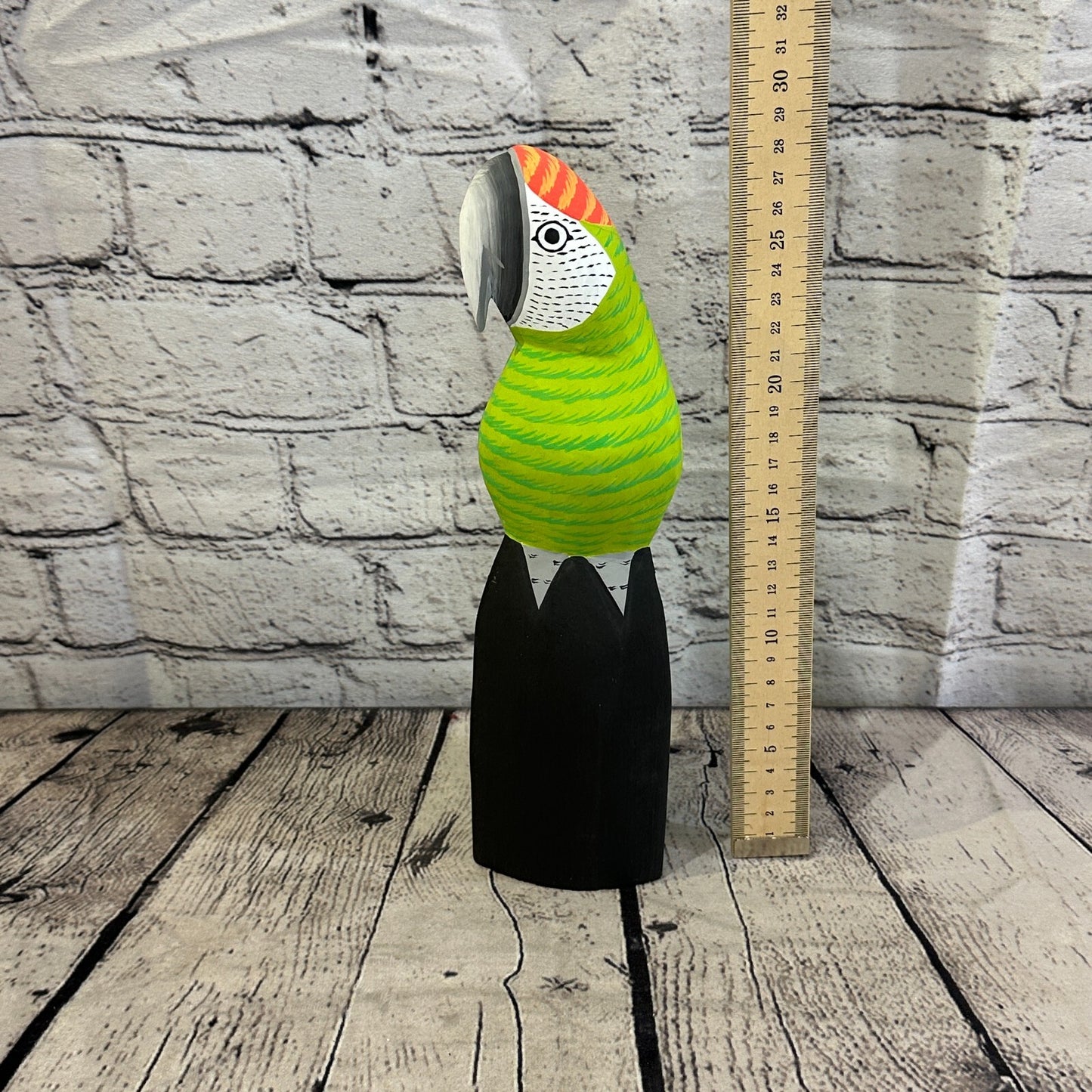 30cm Green Parrot Bird Ornament Statue Fair Trade Hand Made Carved Wood