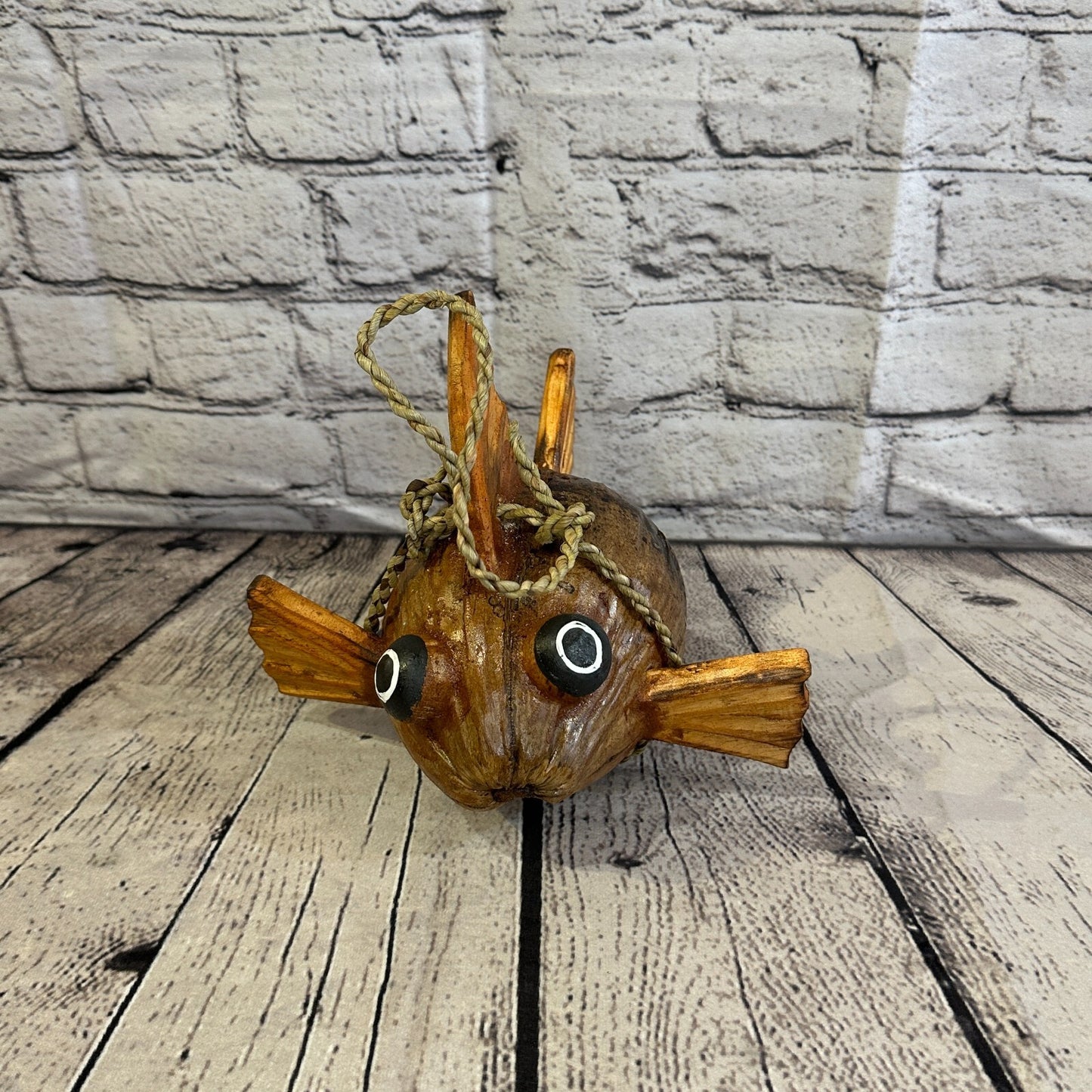 Plain Brown Folk Art Hand Painted Puffer Fish Coconut Shell Ornaments Hanging