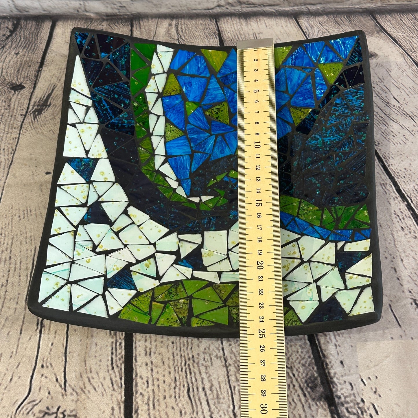 25cm Blue Green Swirl Square Mosaic Handmade Ceramic Glass Tile Bowl Fruit