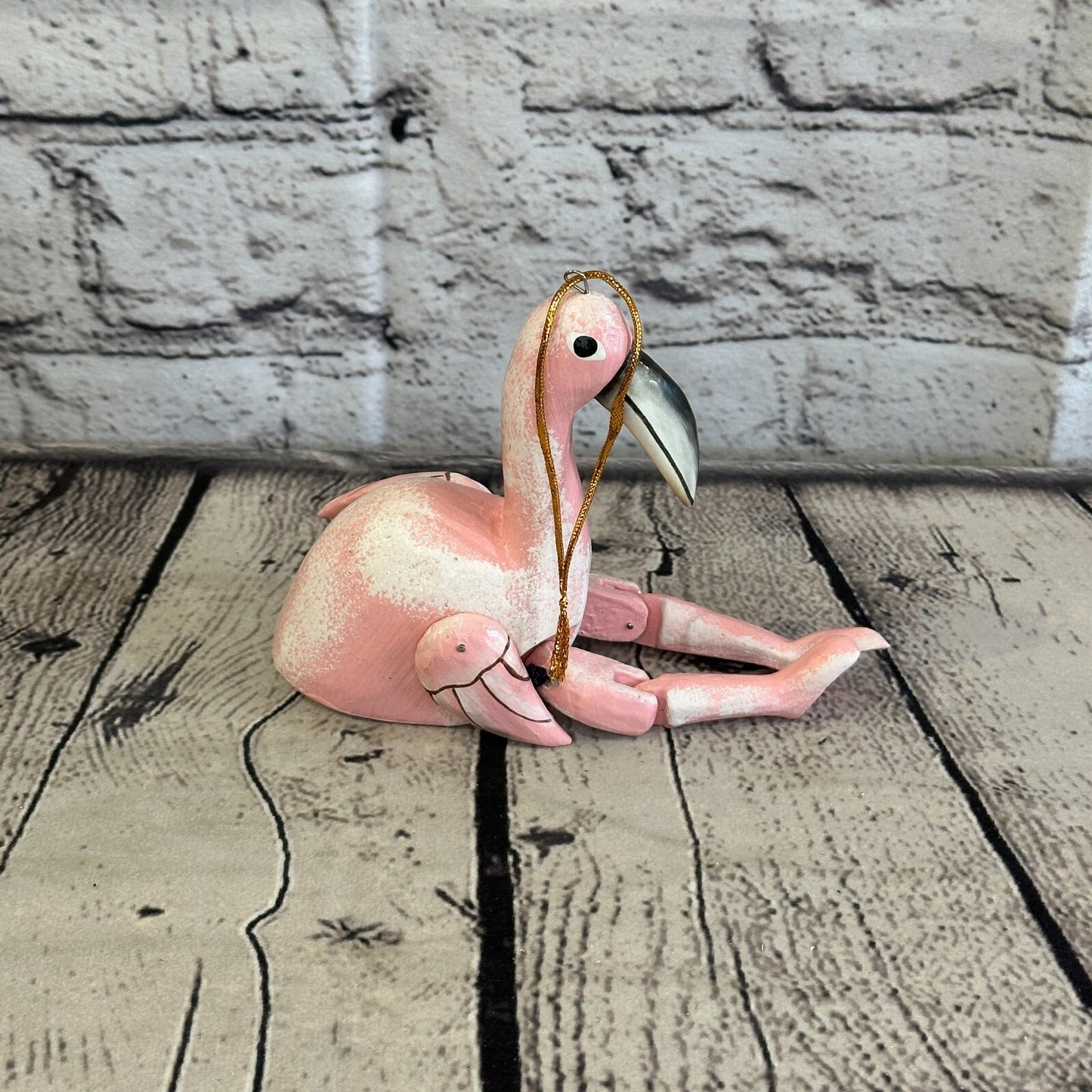10cm Pink Flamingo Sitting Animal, Wooden Shelf Ornament Handmade and Fairtrade