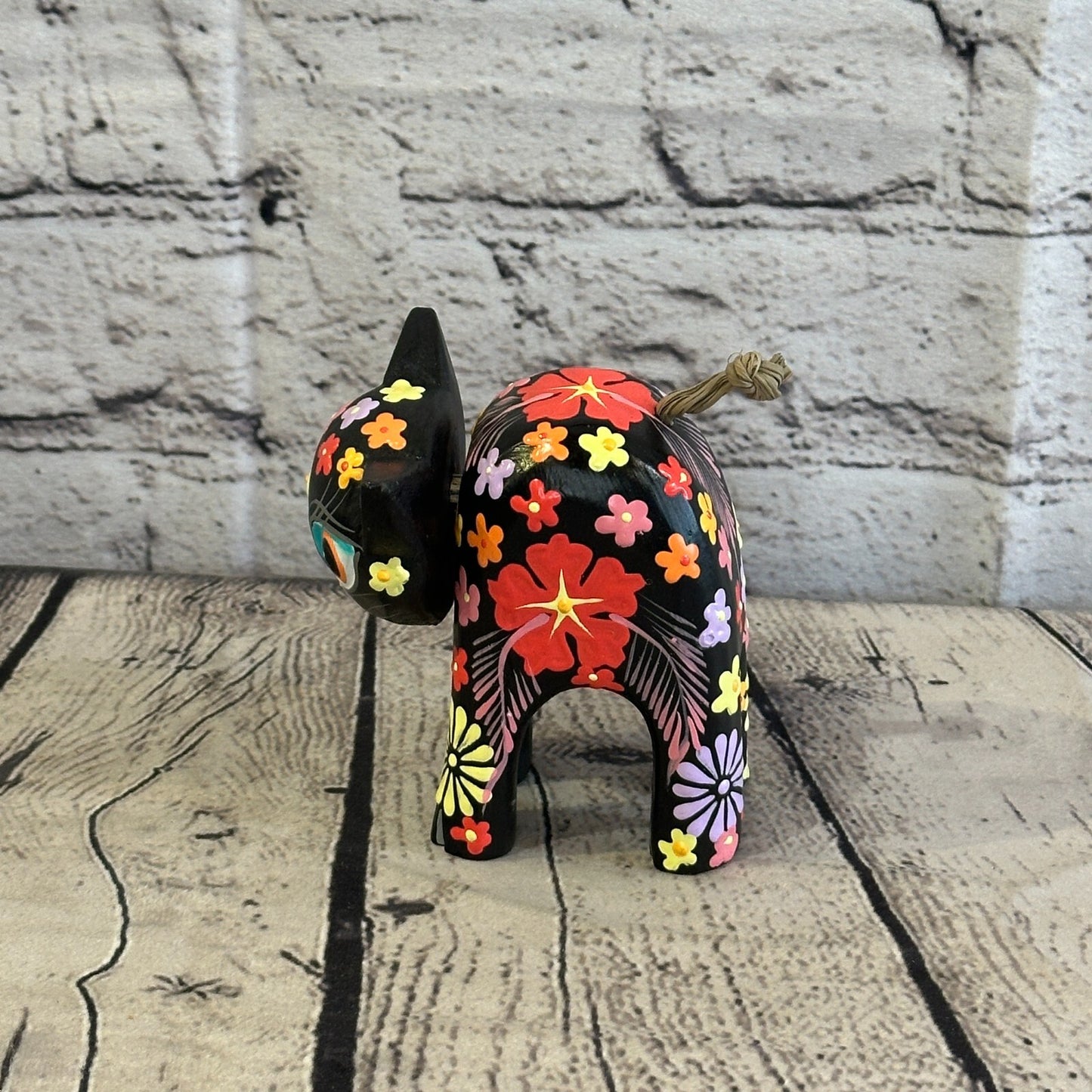 Black Small Wooden Cat With Flower Pattern 10cm x 8cm Handmade and Fairtrade