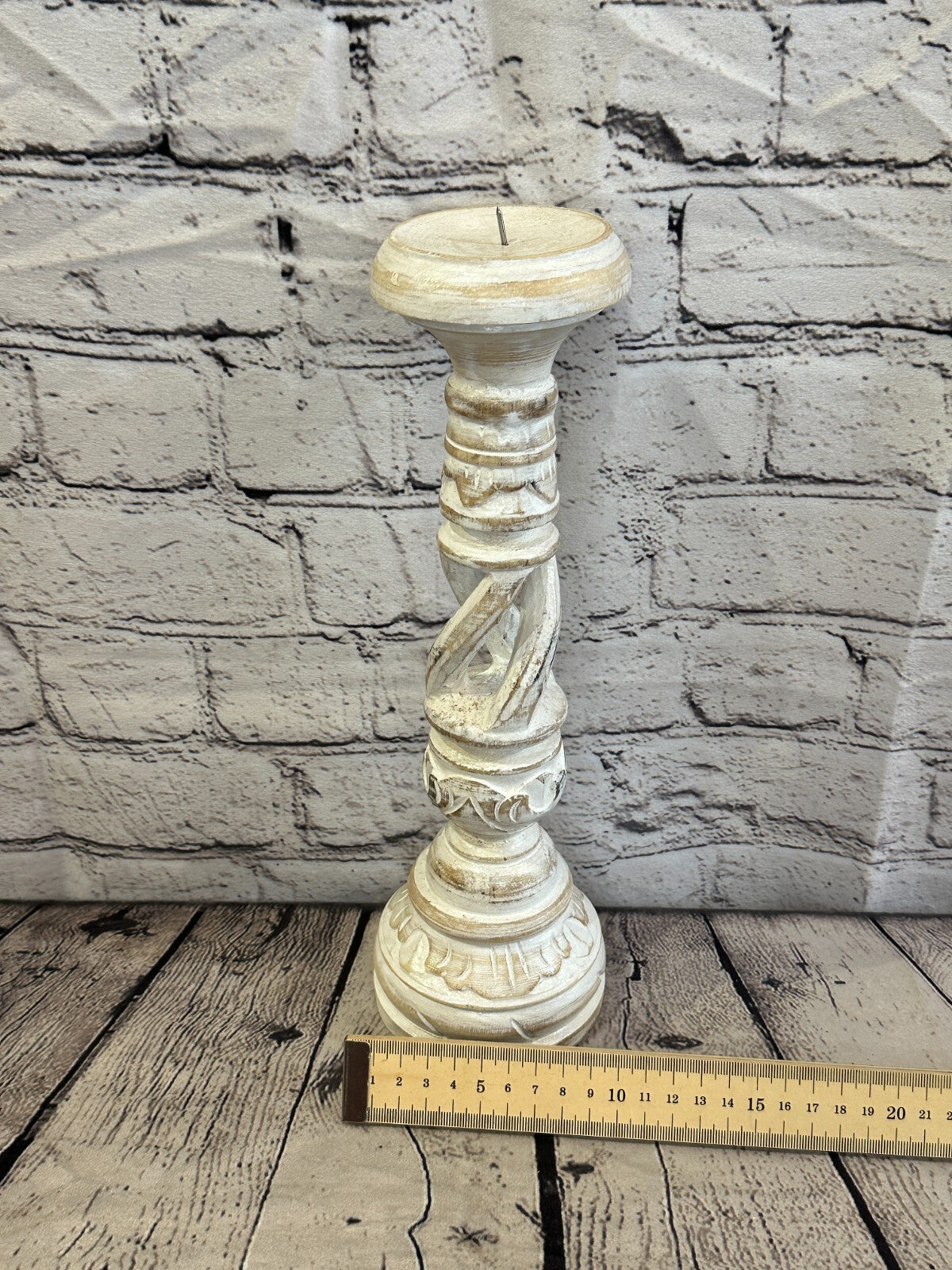 30cm White Tall Candlestick Shabby Chic Distressed Twist Column Candle Holder