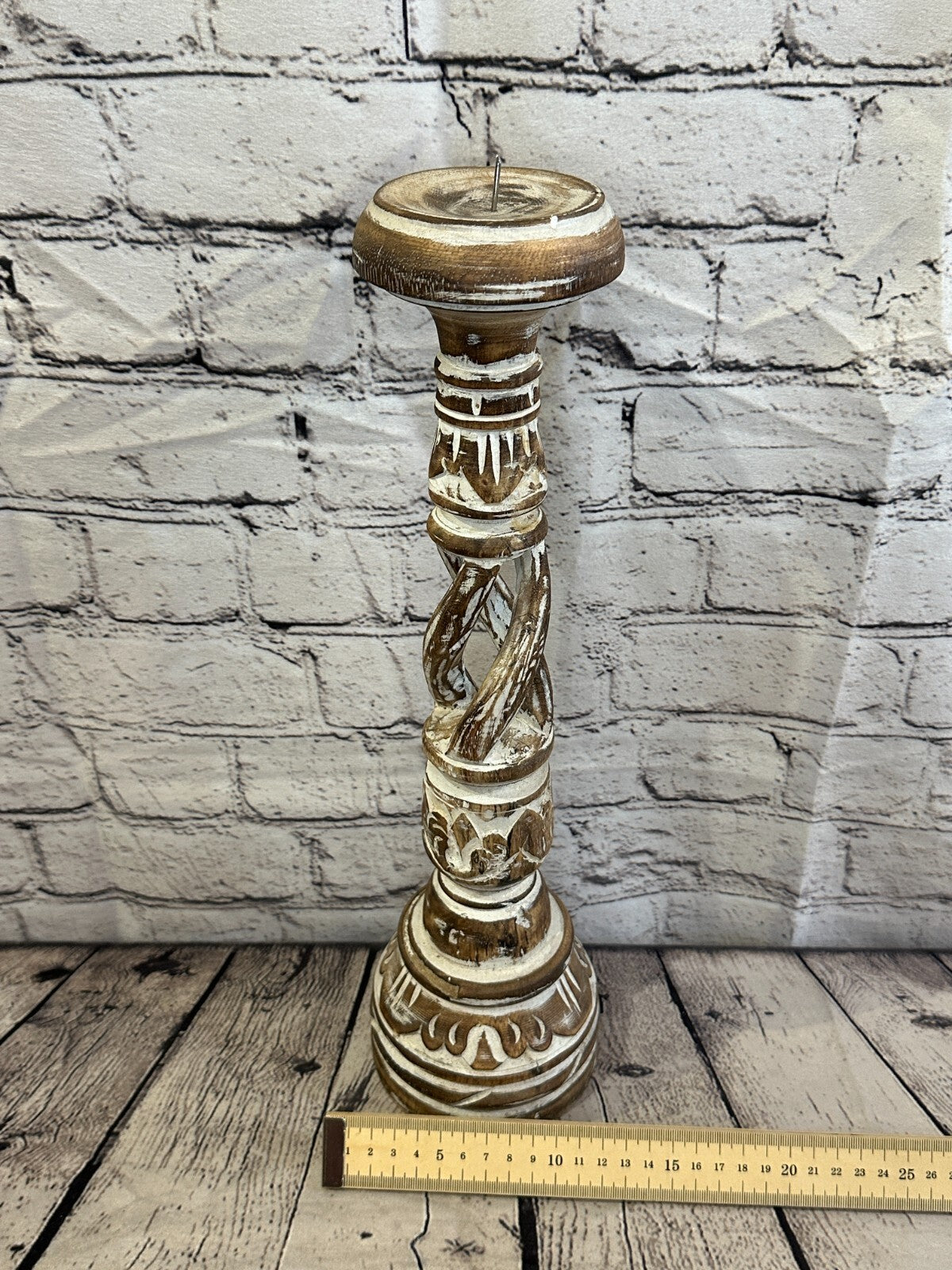 40cm Brown Tall Candlestick Shabby Chic Distressed Twist Column Candle Holder