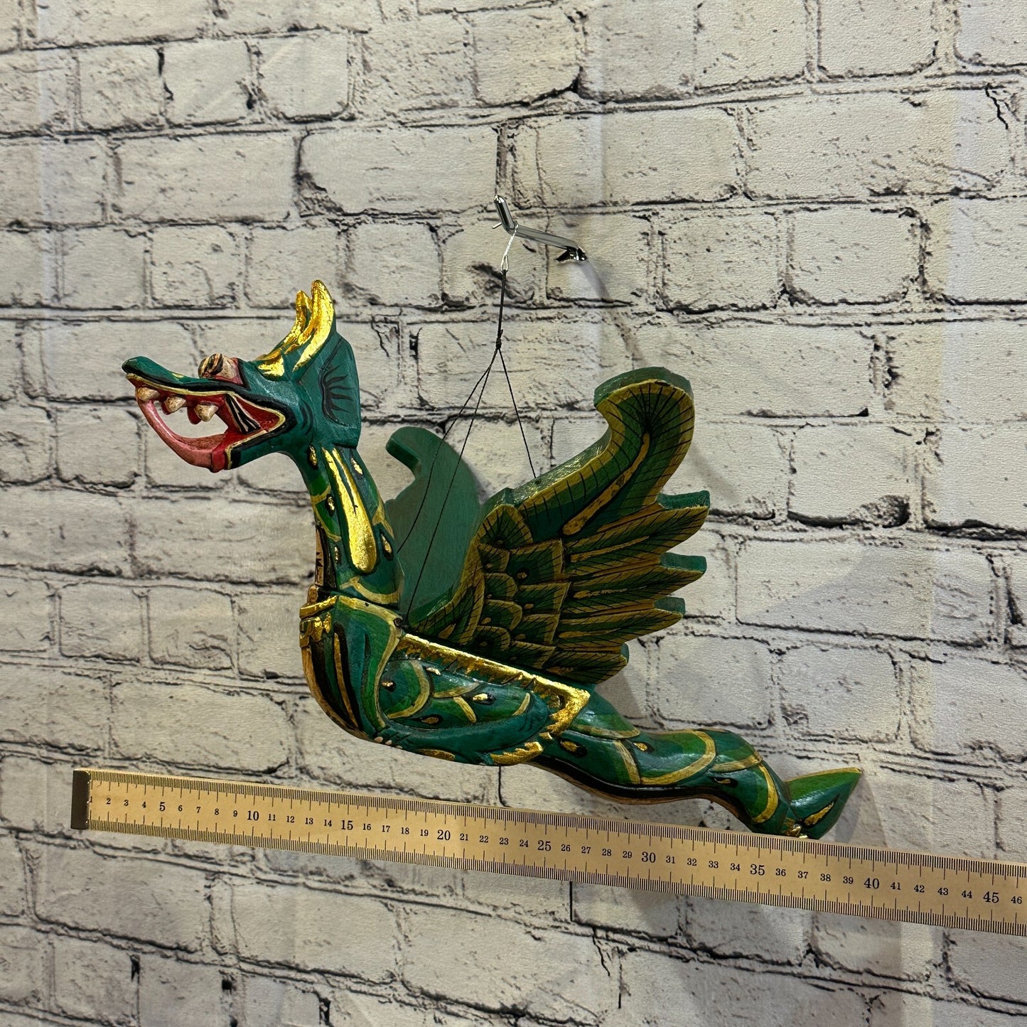 Large Green Dragon Folk Art Wood Flying Winged Mobile Spirit Chaser Guardian