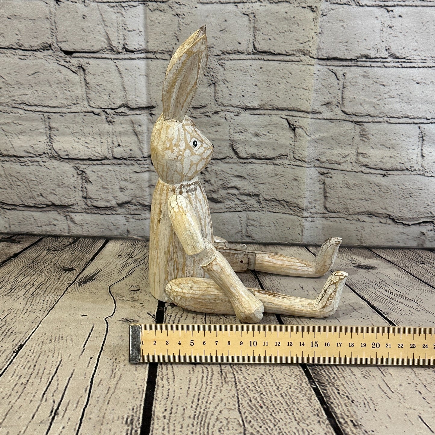 25cm Shabby White Rabbit Sitting Animal Wooden Shelf Ornament Handmade Fairtrade
