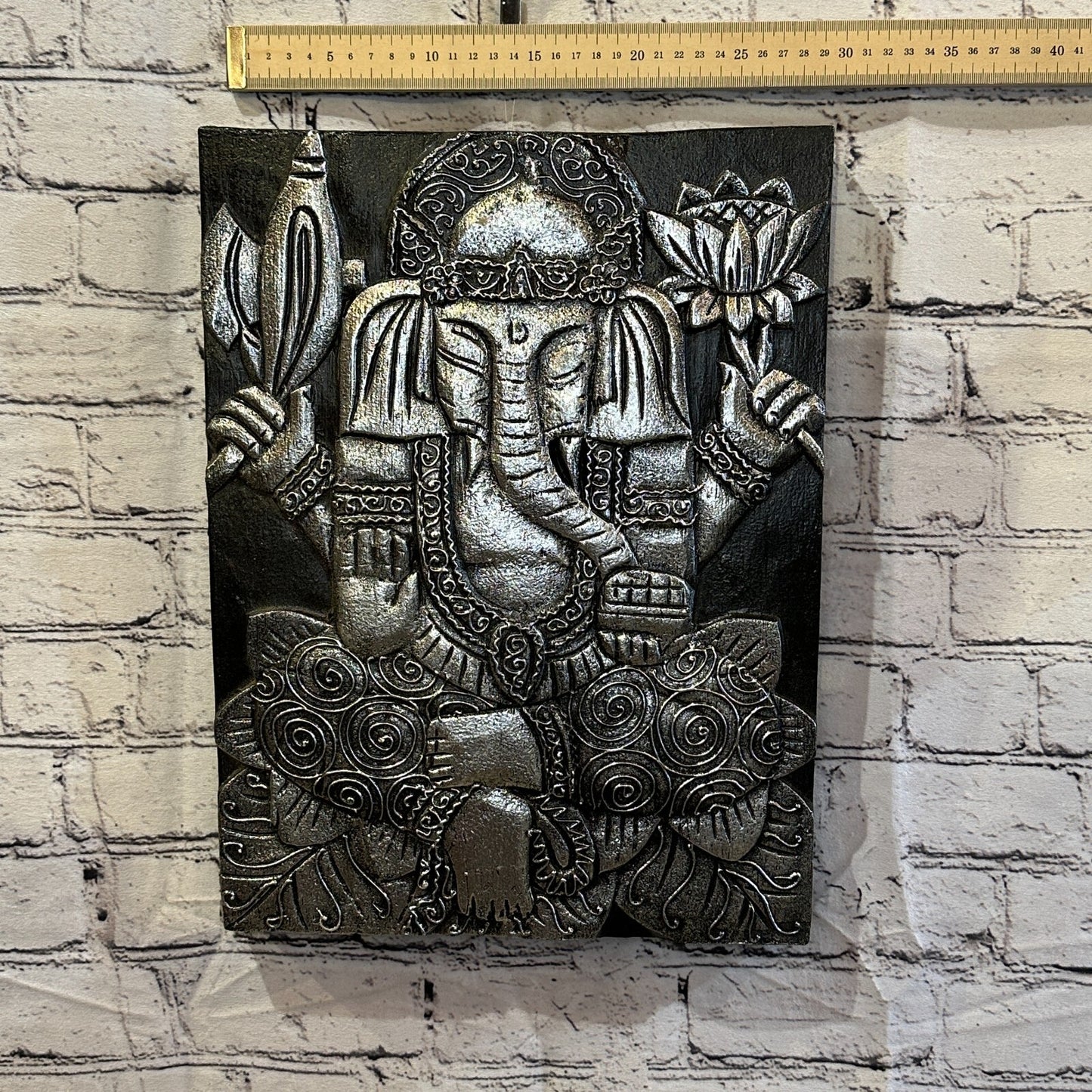 Wooden Wood Panel 40cm Brown Silver Ganesh Lotus Wall Art Plaque Handcarved