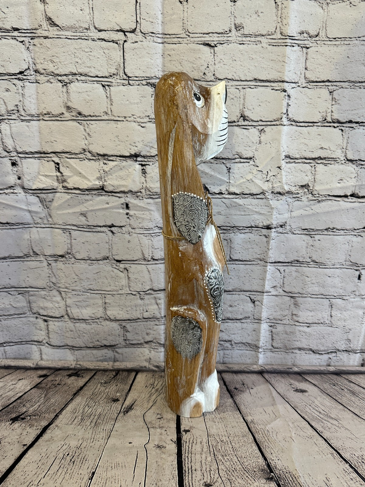 50cm Light Brown Flower Wooden Shabby Dog Statue Ornament Fair Trade Handcarved