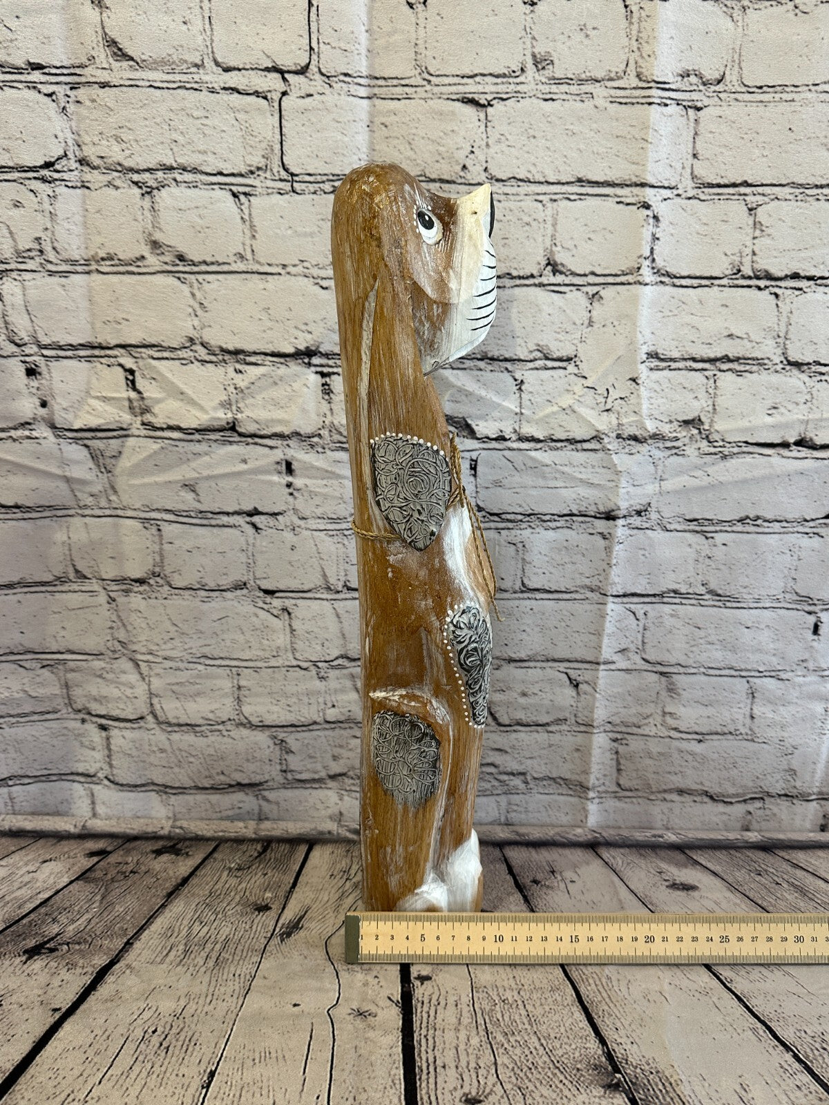 50cm Light Brown Flower Wooden Shabby Dog Statue Ornament Fair Trade Handcarved