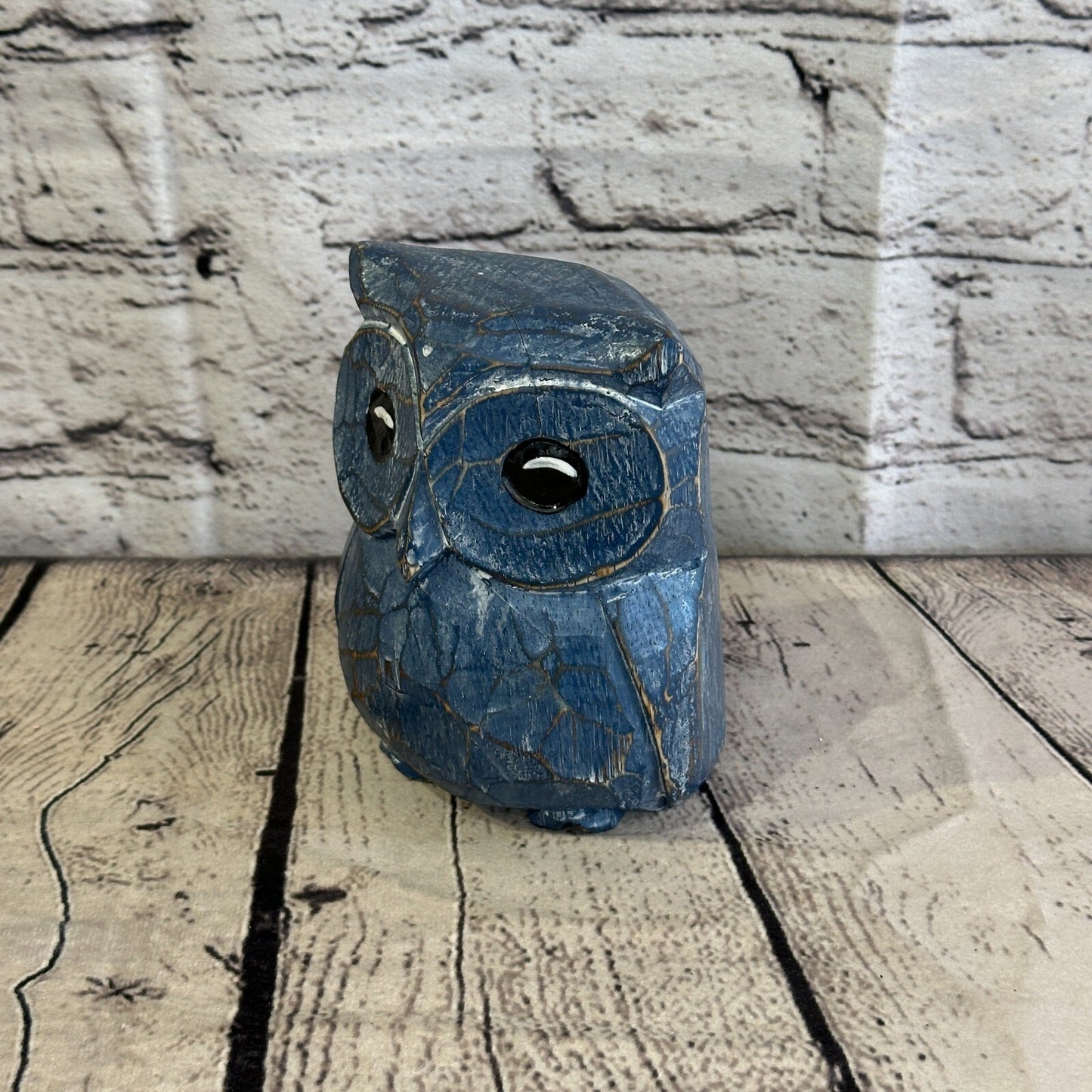 12cm x 10cm Blue Flower Wooden Shabby Owl Statue Ornament Fair Trade Handcarved
