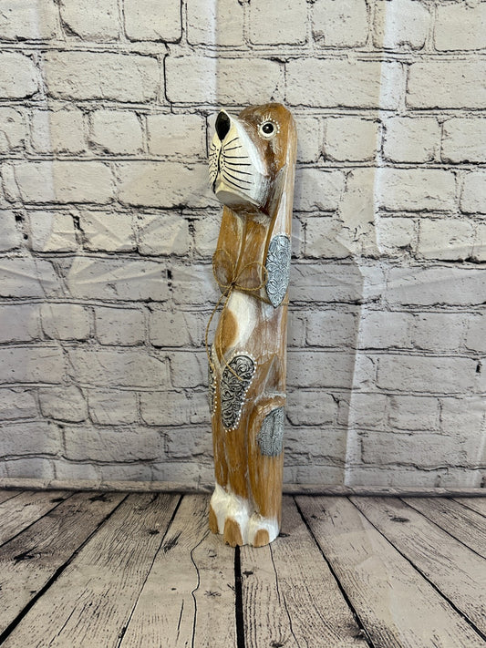 50cm Light Brown Flower Wooden Shabby Dog Statue Ornament Fair Trade Handcarved