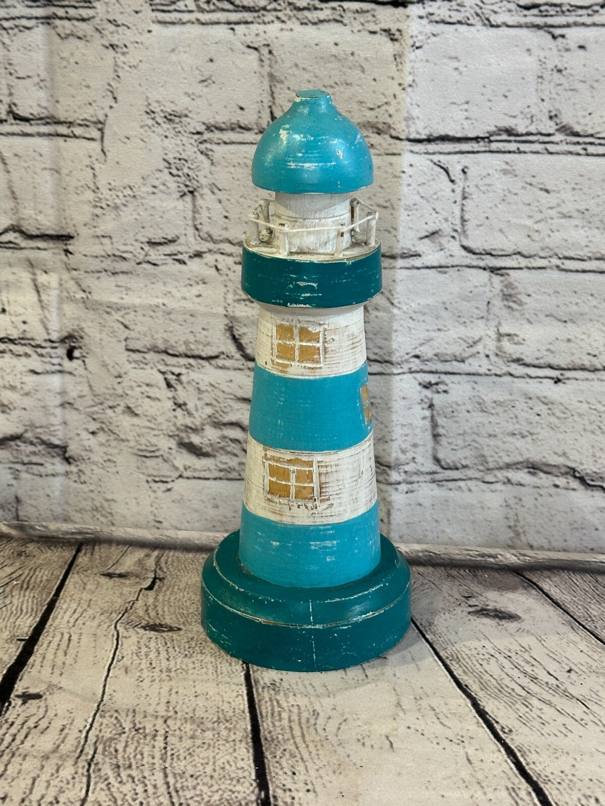 25cm Green White Wooden Lighthouse Ornament Nautical Coastal Sculpture Statue