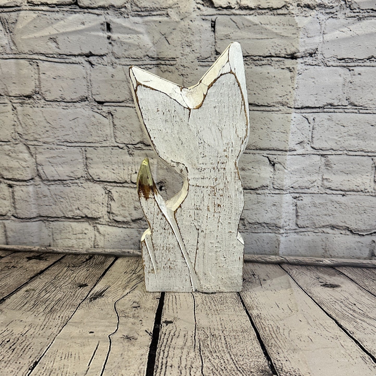 30cm x 12cm White Flower Wooden Shabby Cat Statue Ornament Fair Trade Handcarved