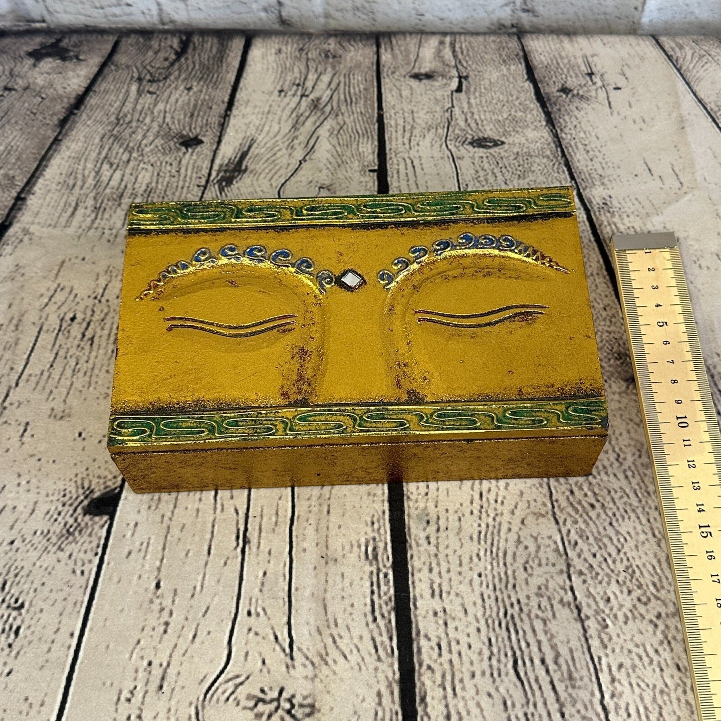 Bright Gold Thai Plain Buddha Eyes 20cm x 12cm x 5cm Wooden Box Trinket Handmade