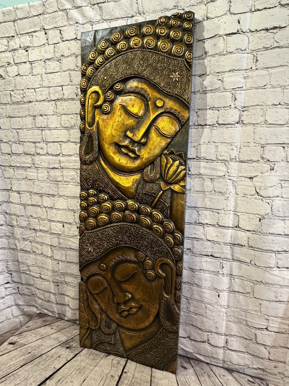 120cm x 40cm Tall Buddha 2 Faces Gold Wooden Wood Panel Wall Art Plaque