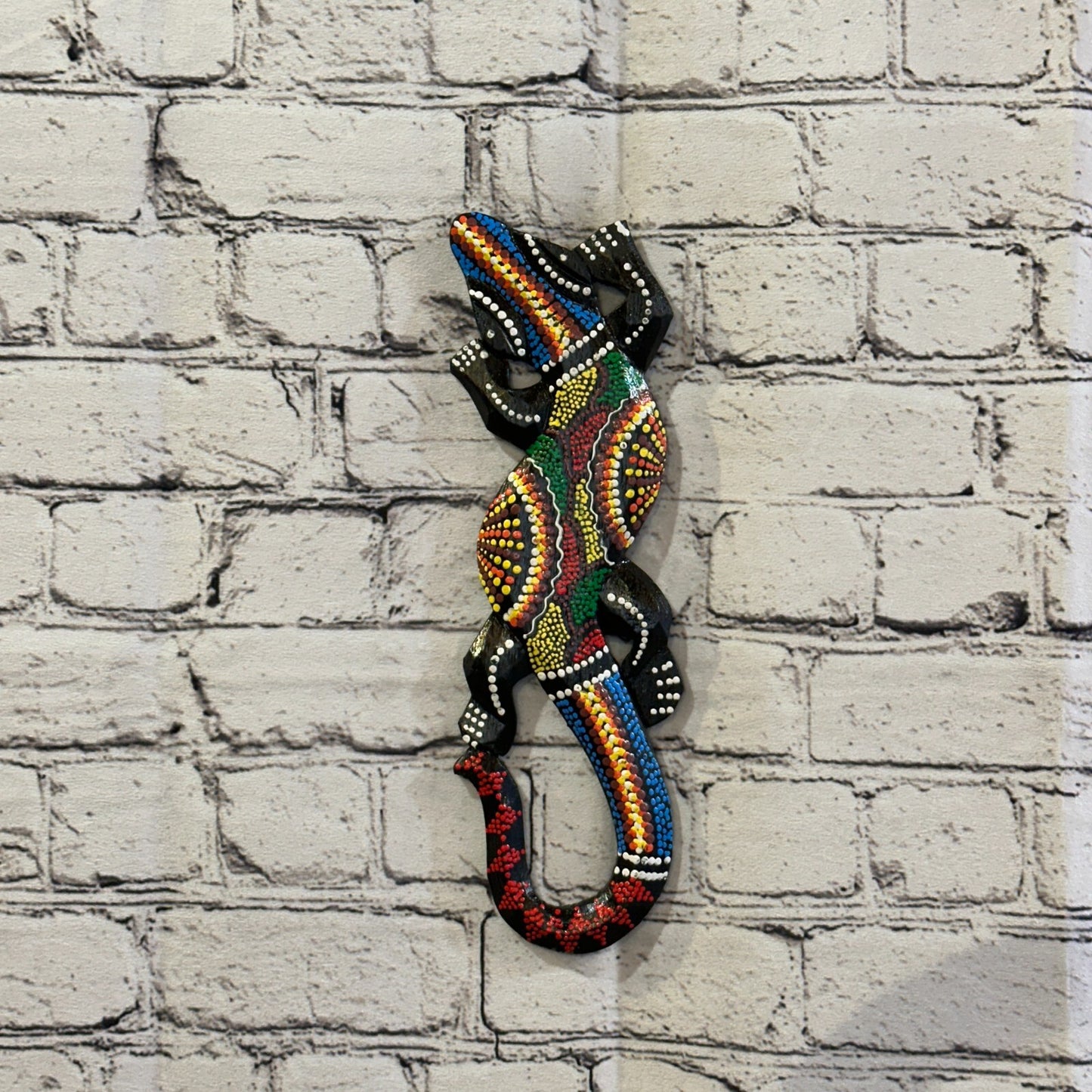 30cm Gecko Carved Wooden Dot Painted Ethnic Tribal Tiki Wall Handmade No 2