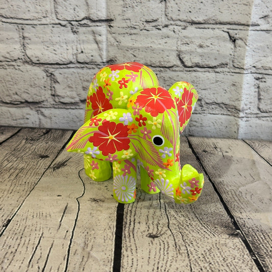 Green Wooden Elephant With Flower Pattern 15cm x 18cm Handmade and Fairtrade