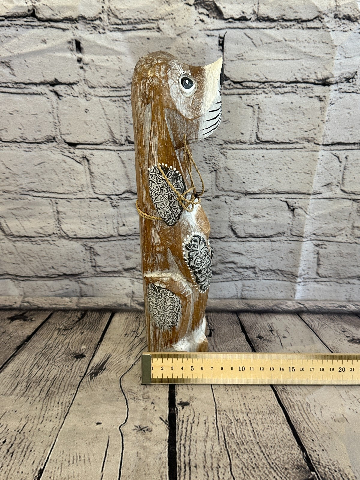 30cm Light Brown Flower Wooden Shabby Dog Statue Ornament Fair Trade Handcarved