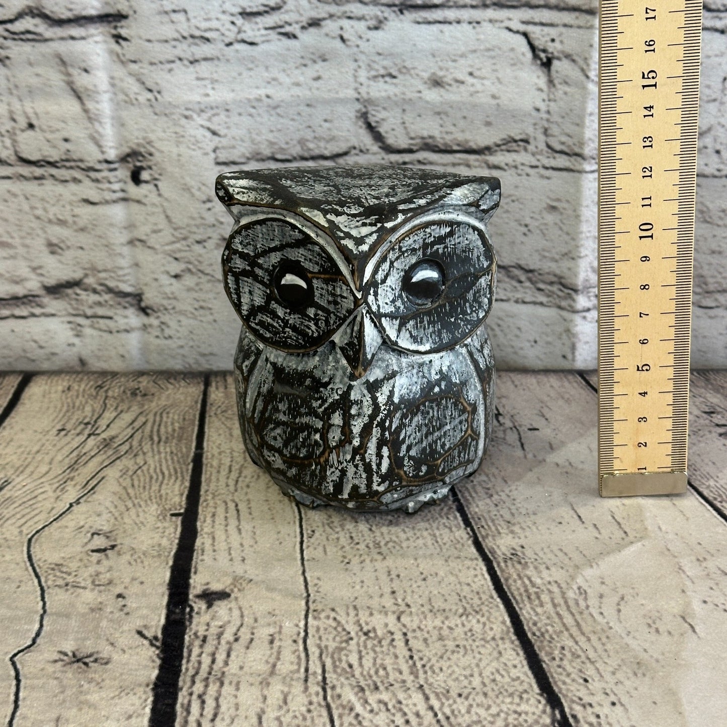 12cm x 10cm Black Flower Wooden Shabby Owl Statue Ornament Fair Trade Handcarved
