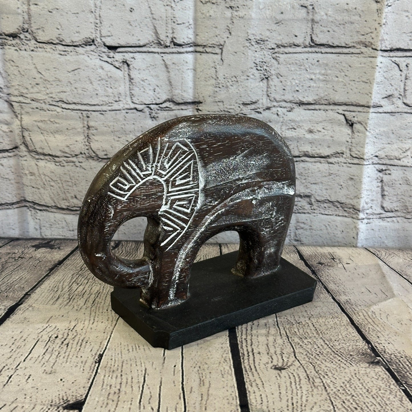 20cm x 20cm Wooden Tribal Primitive Black Elephant Round Stand Sculpture Statue