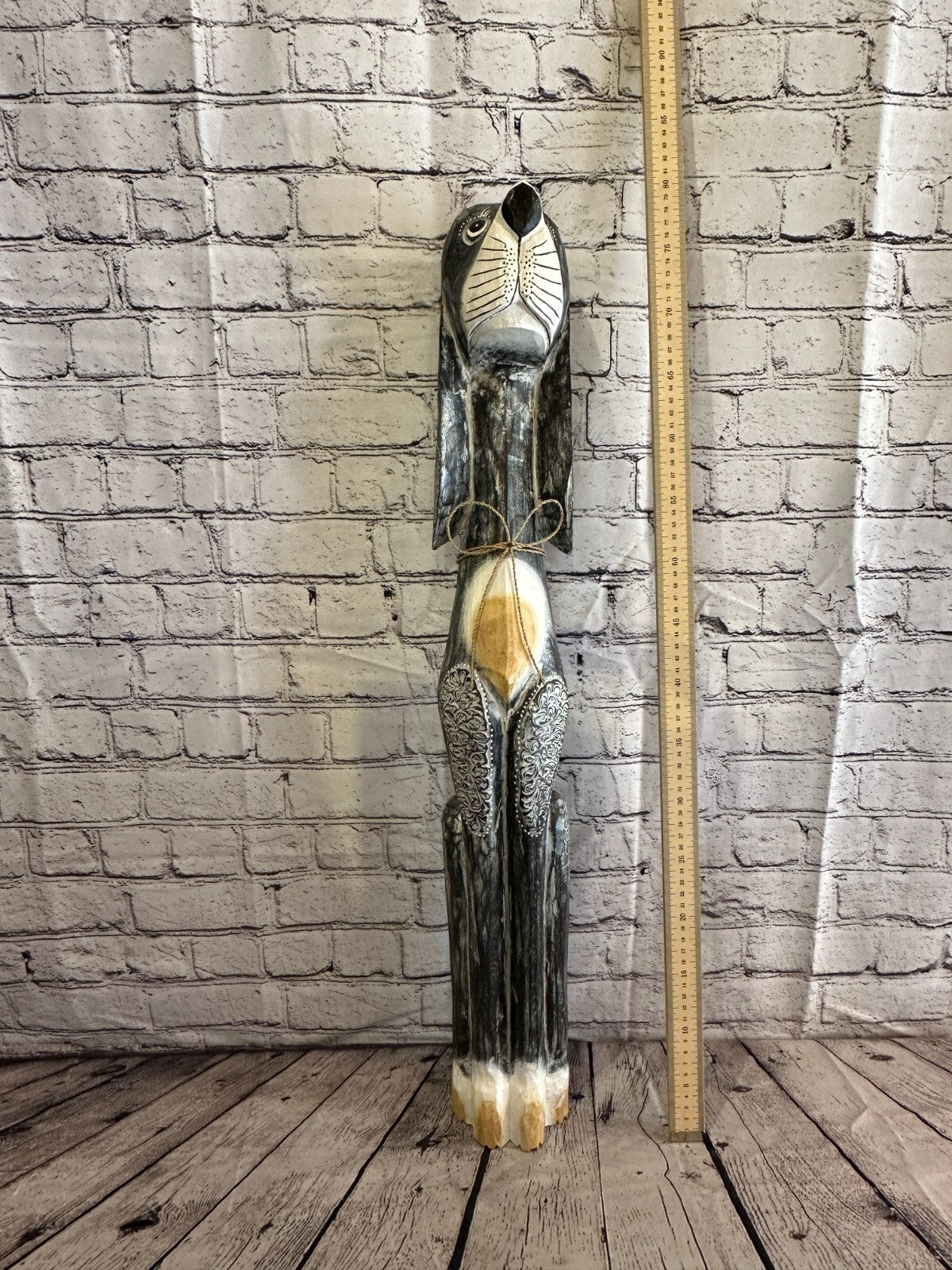 80cm Grey Flower Wooden Shabby Dog Statue Ornament Fair Trade Handcarved