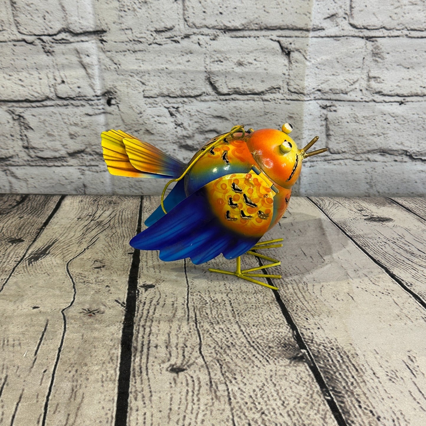 15cm x 15cm Orange Dark Blue Bird Metal Tin Wall Hanging Ornament Painted Statue