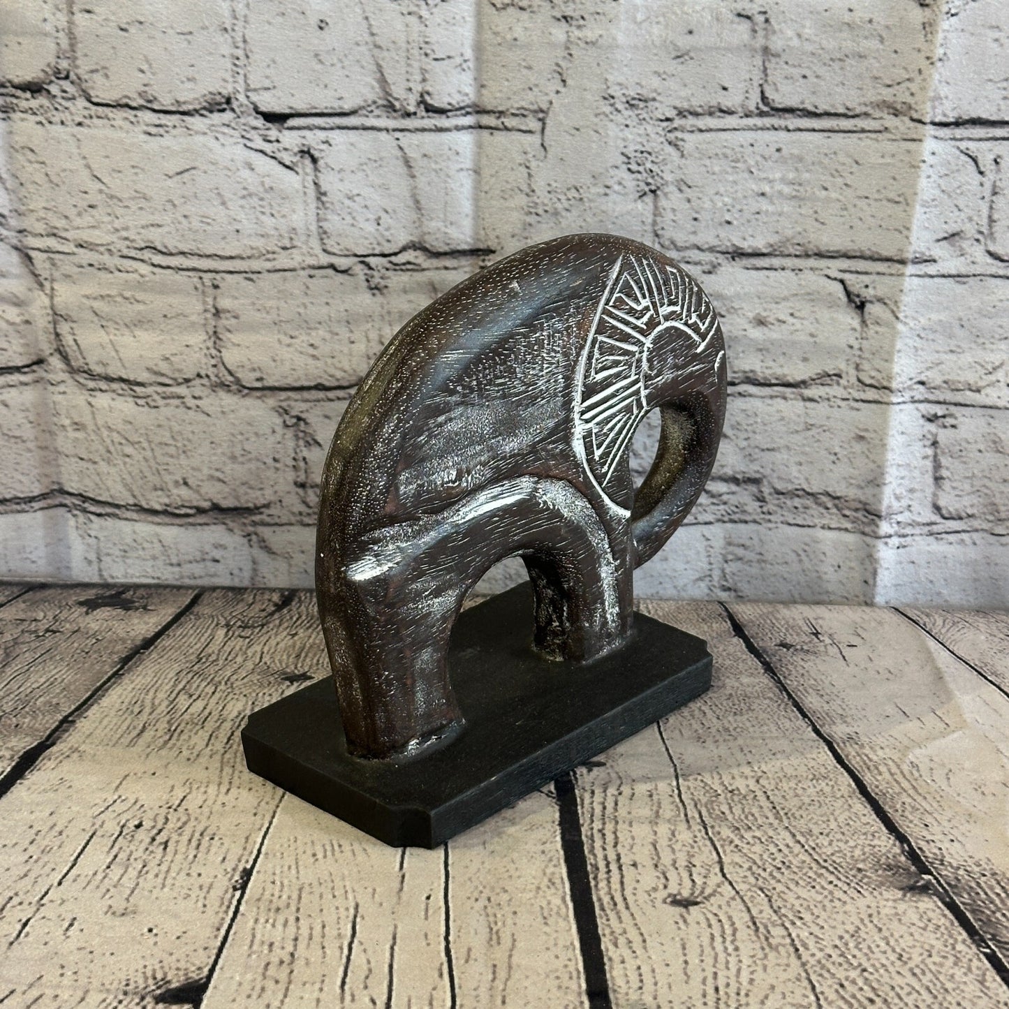 20cm x 20cm Wooden Tribal Primitive Black Elephant Round Stand Sculpture Statue