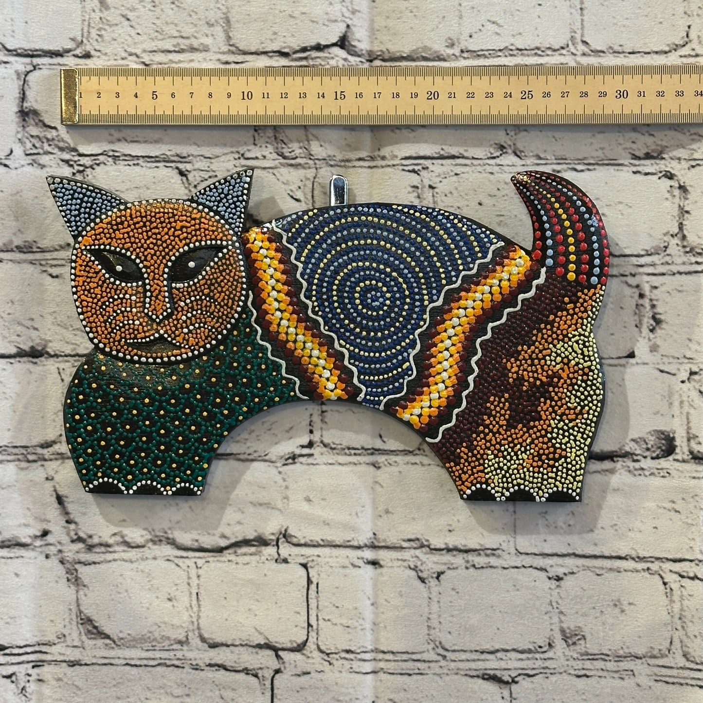 30cm Orange Cat Carved Wooden Dot Painted Ethnic Tribal Tiki Wall Art Handmade