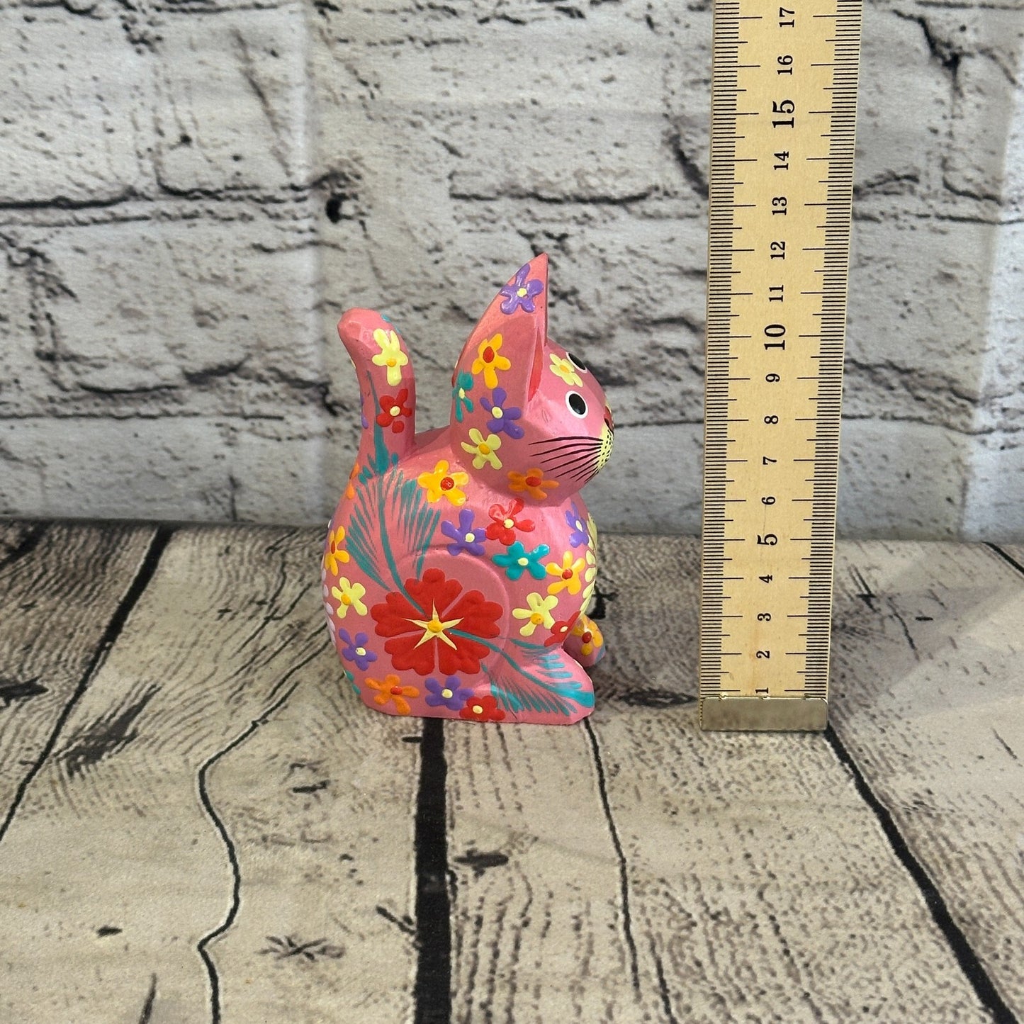Pink Small Wooden Cat With Flower Pattern 12cm x 6cm Handmade and Fairtrade