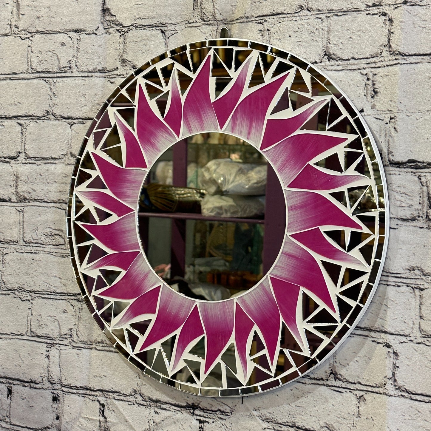 Pink Flame Sun Mosaic Tile Wall Mirror 40cm x 40cm 16 Inches Handmade New