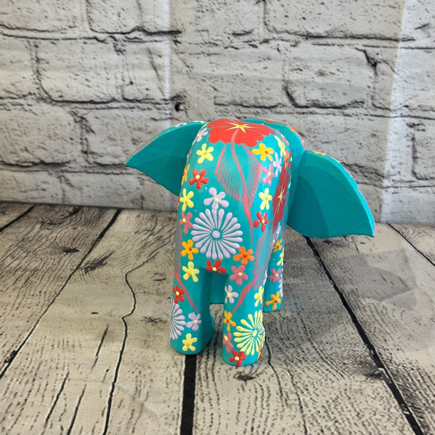 Blue Wooden Elephant With Flower Pattern 15cm x 18cm Handmade and Fairtrade