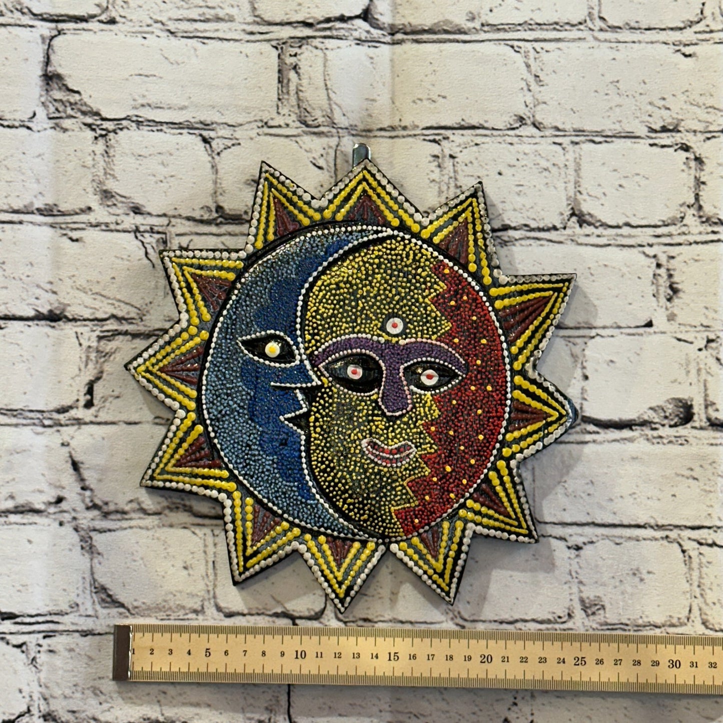 25cm Sun & Moon Carved Wooden Dot Painted Ethnic Tribal Tiki Wall Handmade No 3