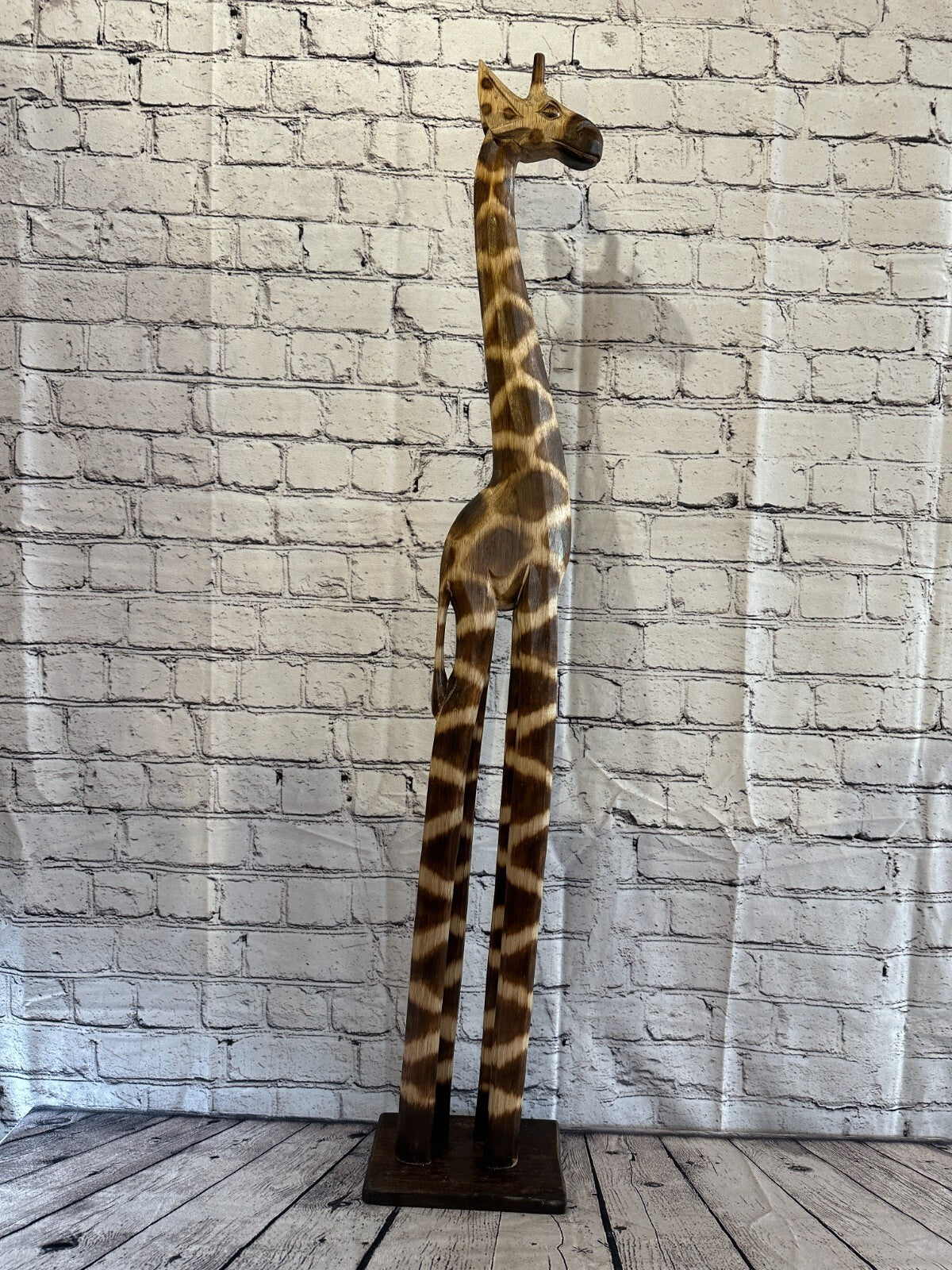 100cm Burnt Pattern Wood Giraffe Tall Statue Wood Modern Hand Carved Painted