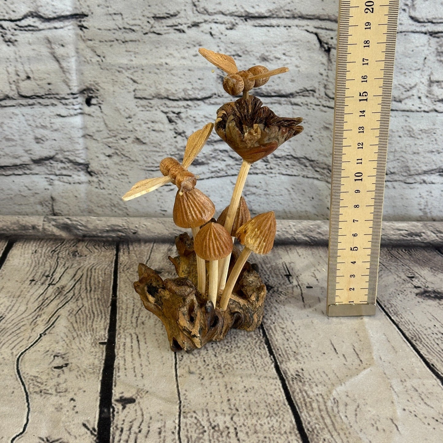 2 Bees On Mushroom Stand Parasite Wood Ornament Natural Carving Wooden Standing