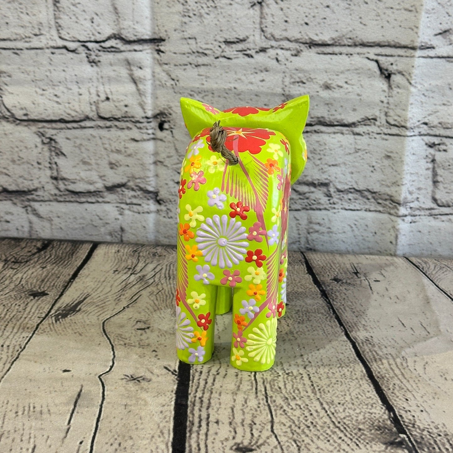 Green Large Wooden Cat With Flower Pattern 15cm x 10cm Handmade and Fairtrade