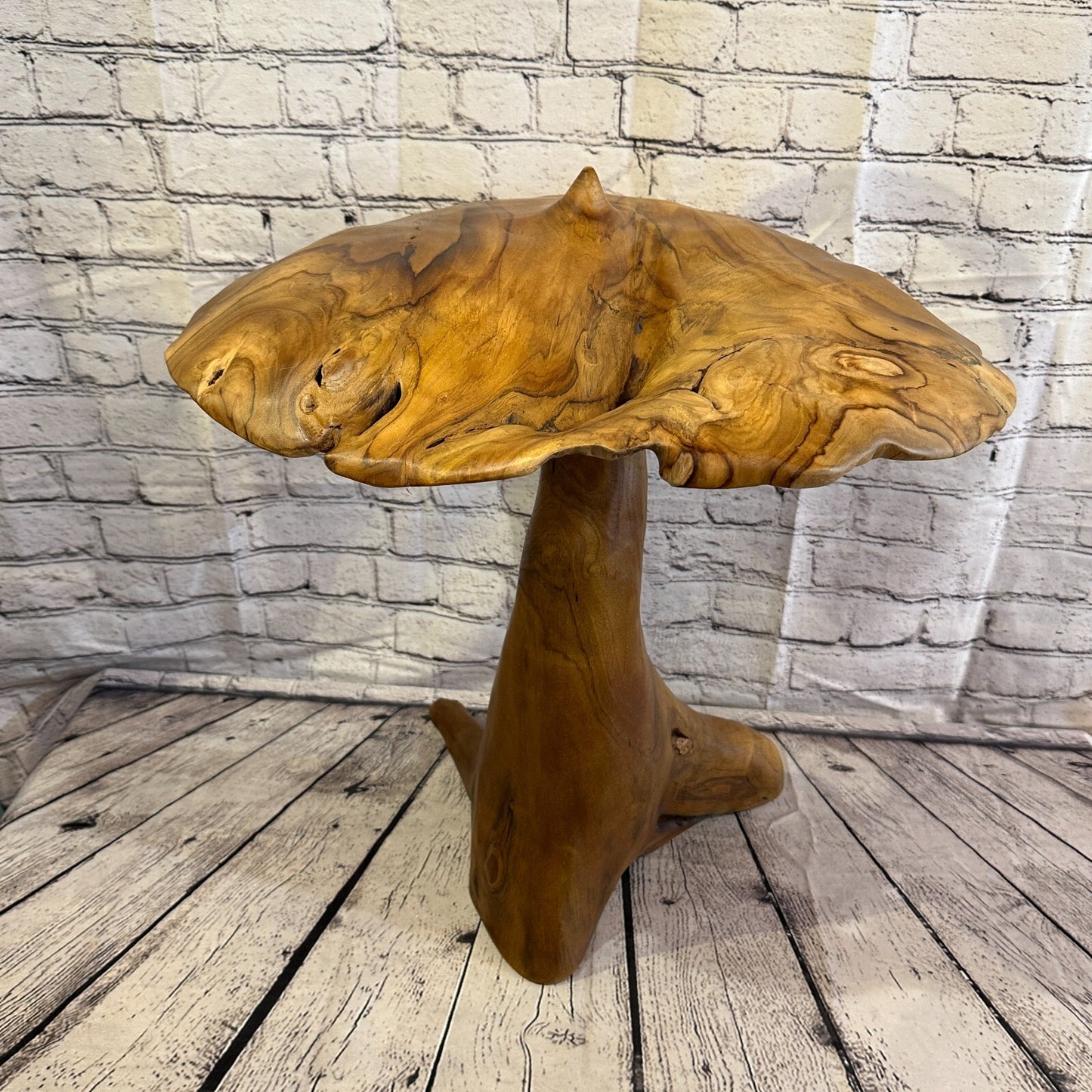 55cm x 45cm Wooden Point Mushroom Toadstool Sculpture Garden Teak Root Ornament