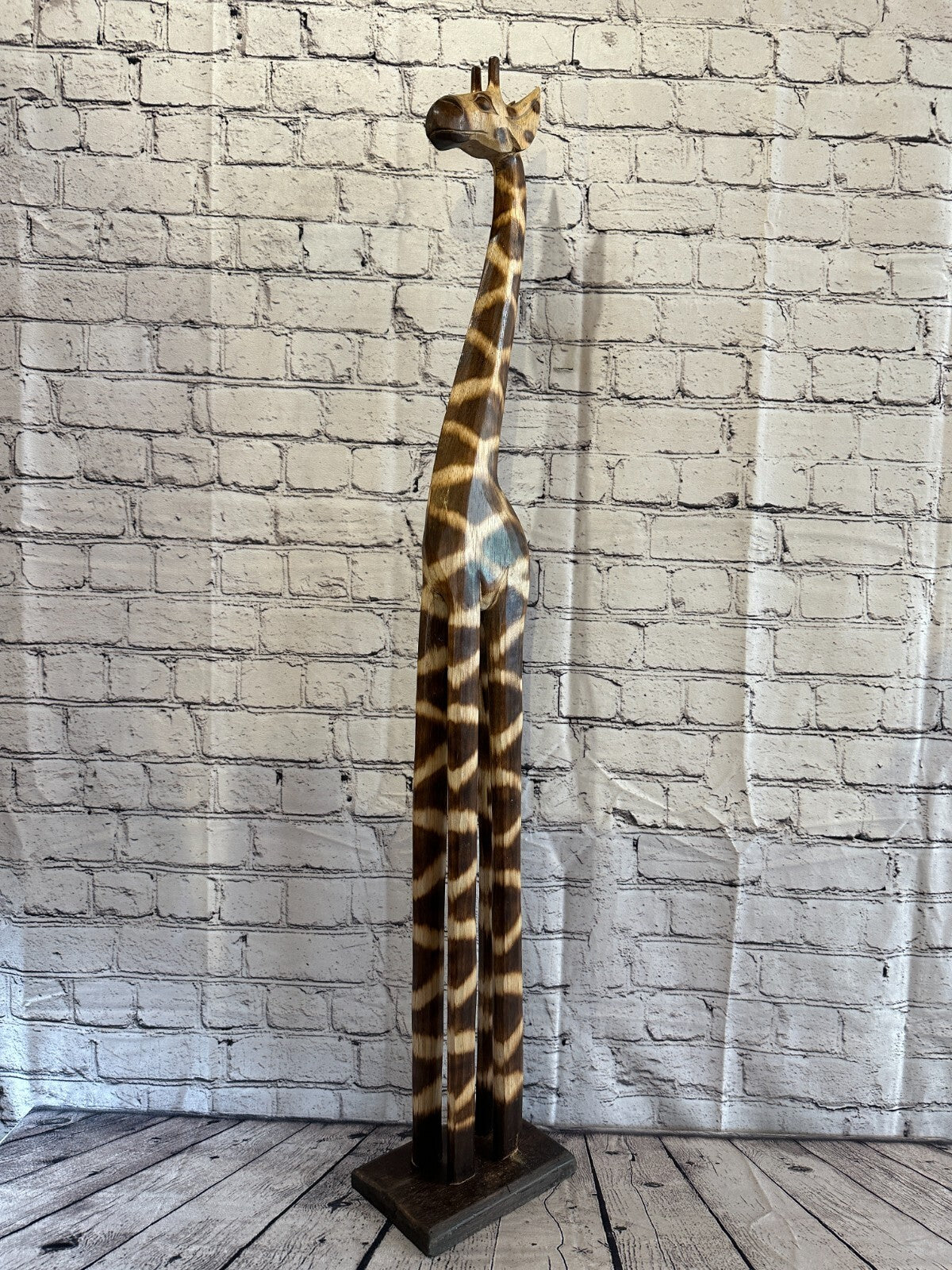 100cm Burnt Pattern Wood Giraffe Tall Statue Wood Modern Hand Carved Painted