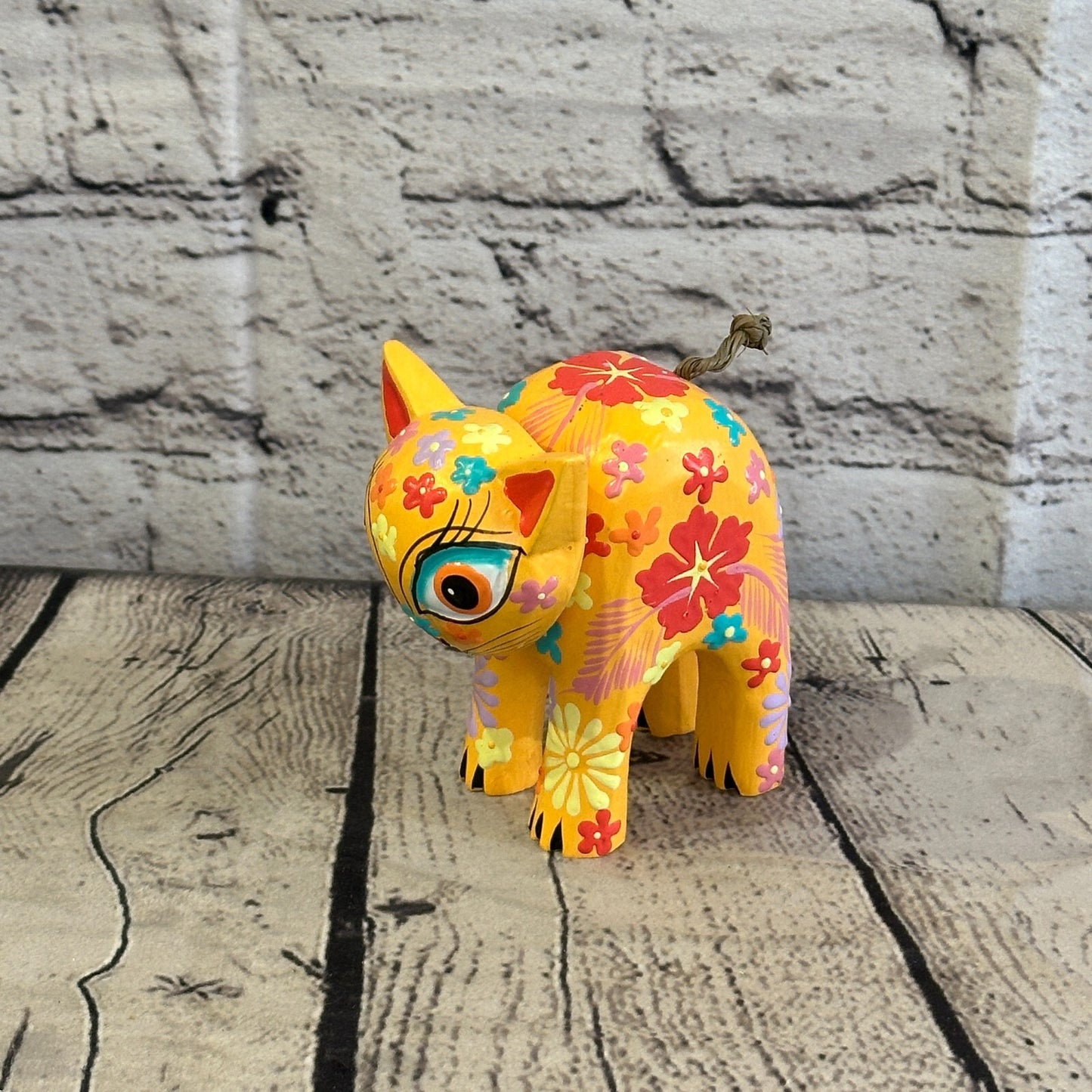 Orange Small Wooden Cat With Flower Pattern 10cm x 8cm Handmade and Fairtrade