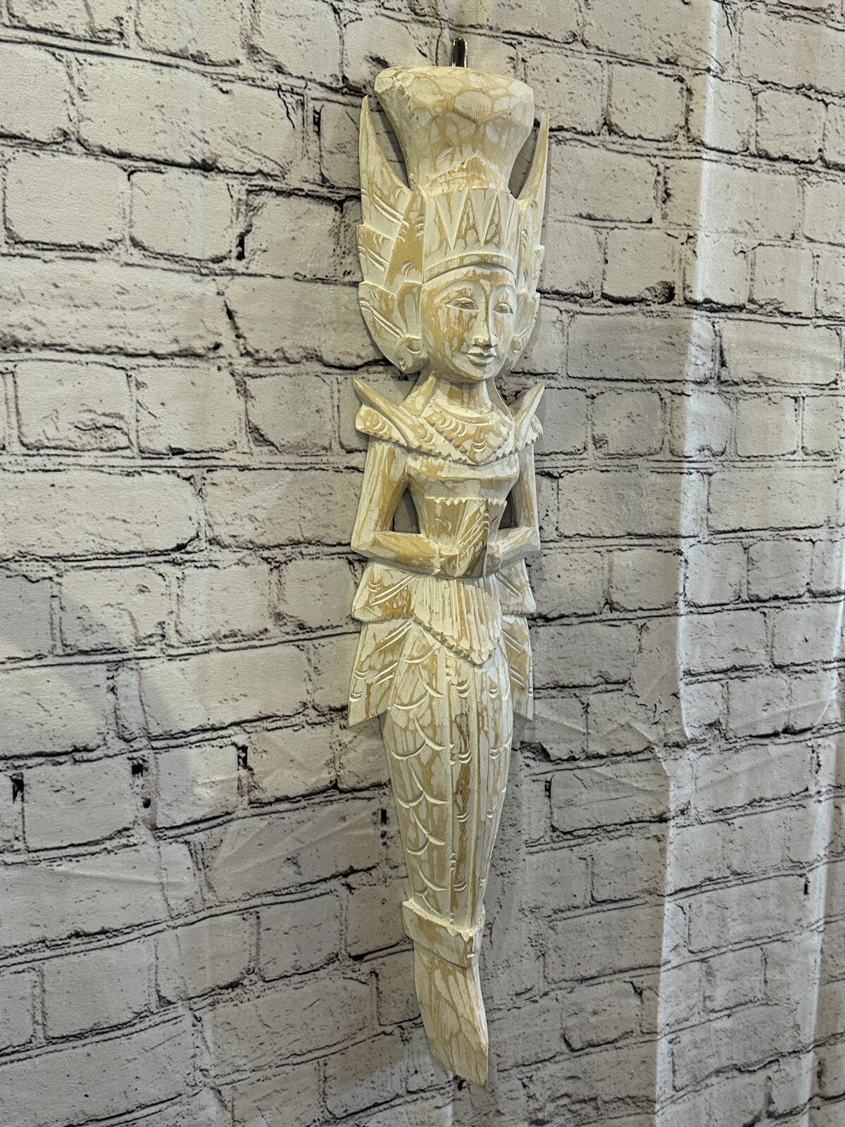 Shabby White Sita Dewi Bali Rice Goddess Wings Mermaid Wood Carving 65cm Pair