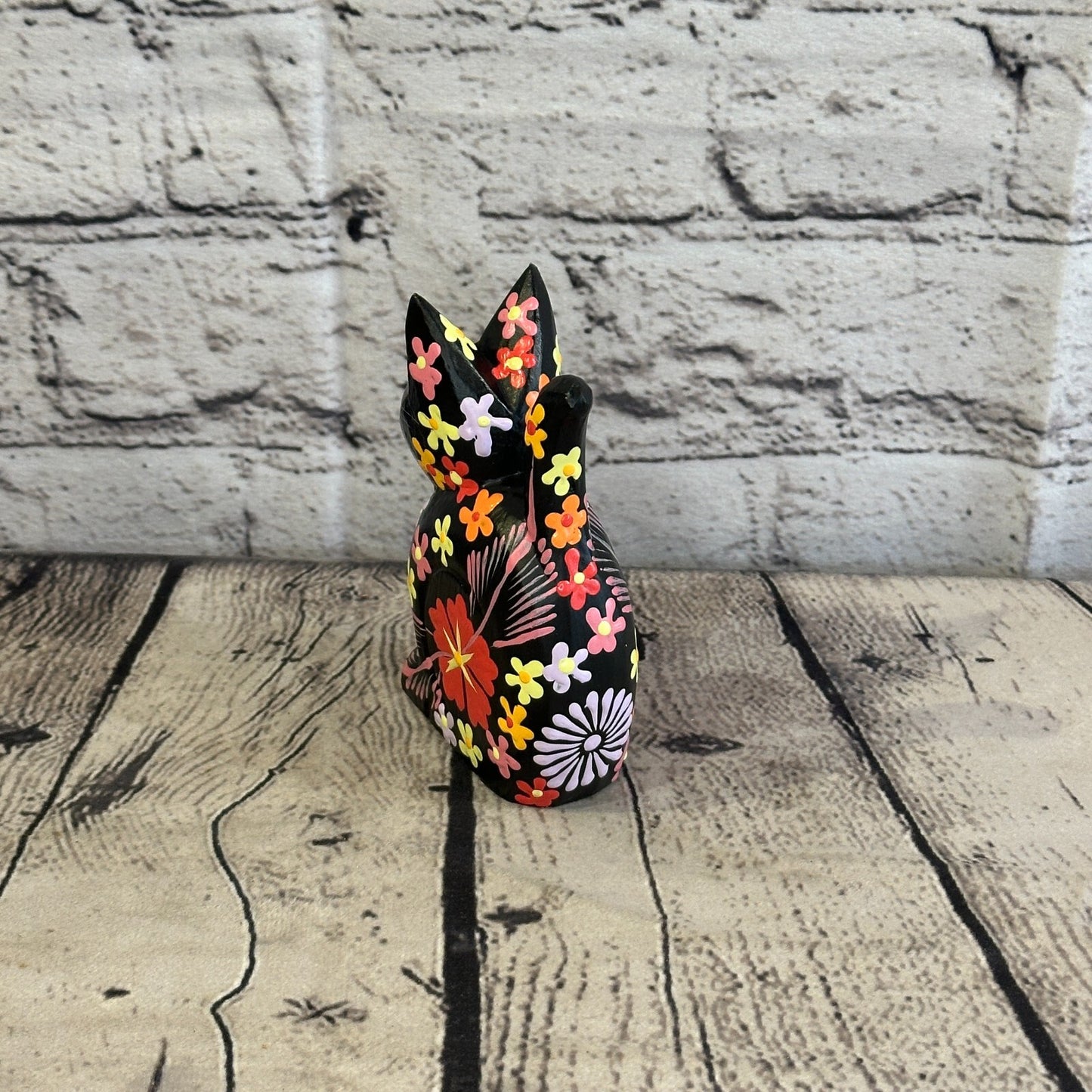 Black Small Wooden Cat With Flower Pattern 12cm x 6cm Handmade and Fairtrade