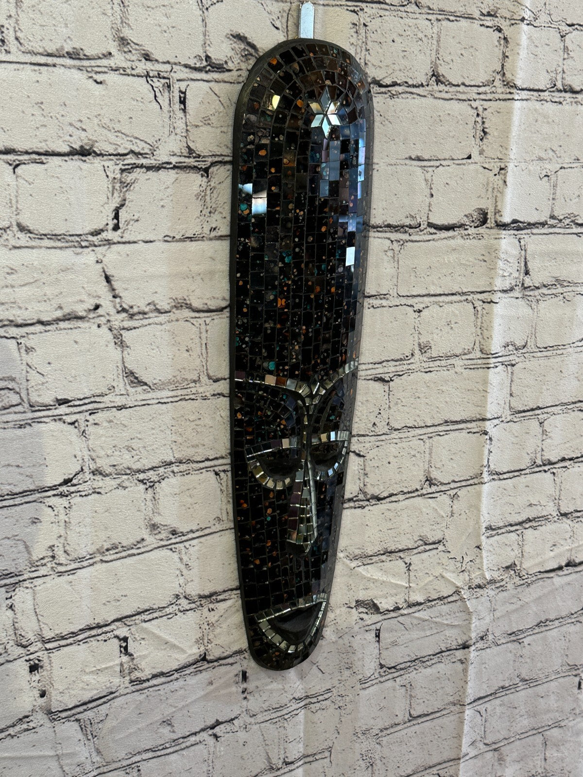 50cm Black Mosaic Mirror Mask Carved Painted Ethnic Tribal Wall Art Handmade