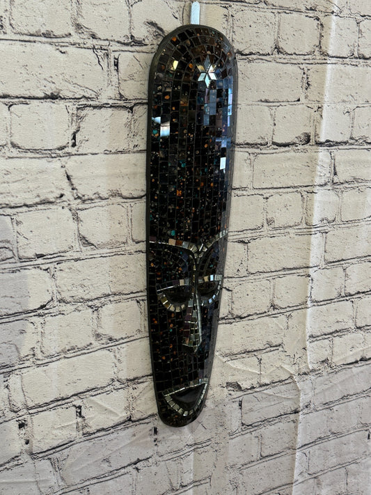 50cm Black Mosaic Mirror Mask Carved Painted Ethnic Tribal Wall Art Handmade