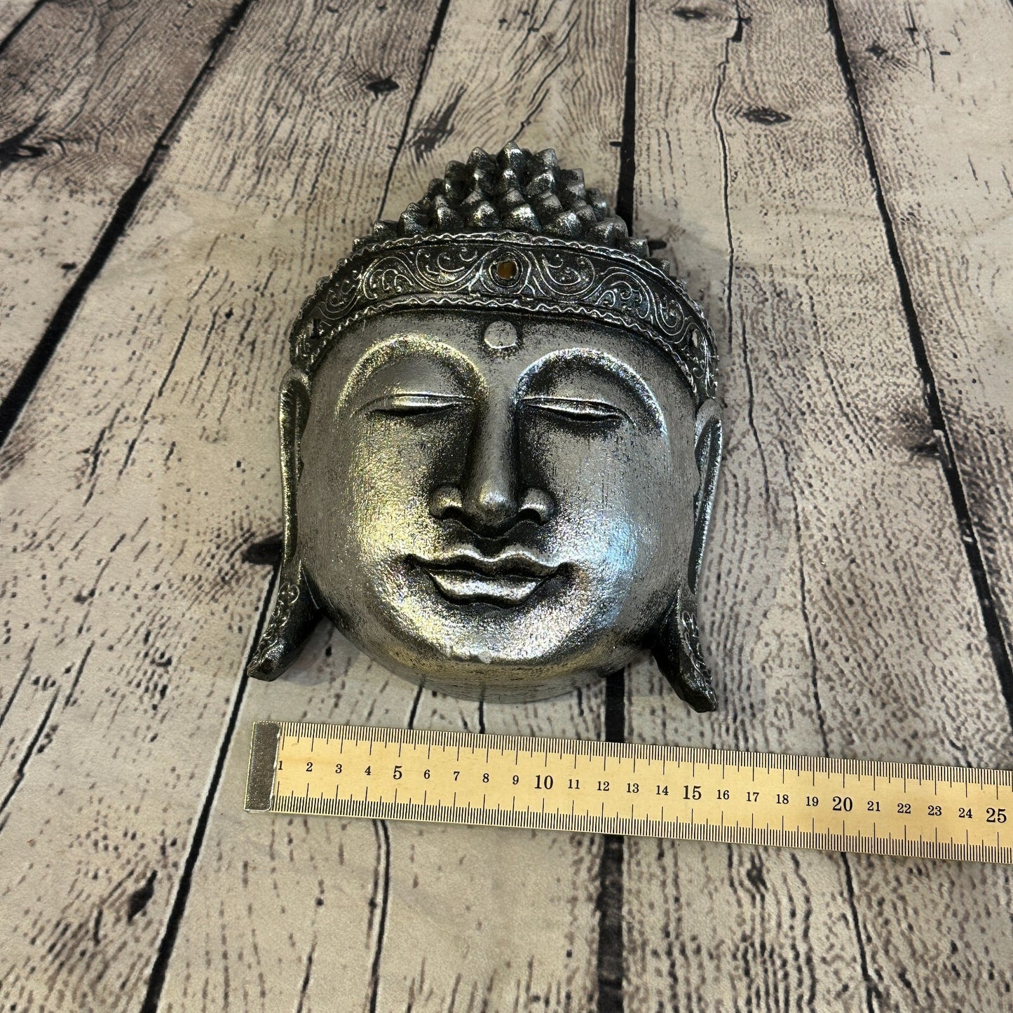 20cm Silver Buddha Head Mask Wooden Hanging Statue Figurine Ornament Fair Trade