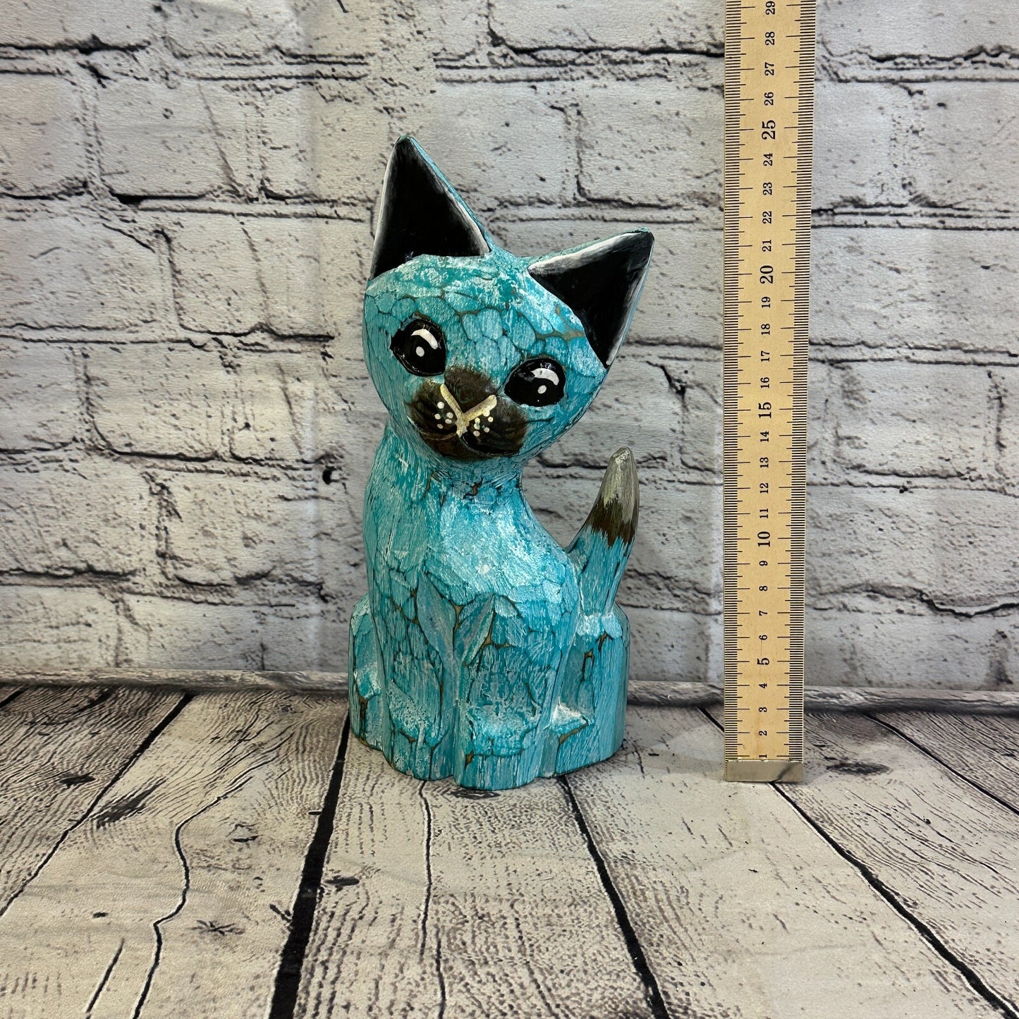 25cm x 10cm Green Flower Wooden Shabby Cat Statue Ornament Fair Trade Handcarved